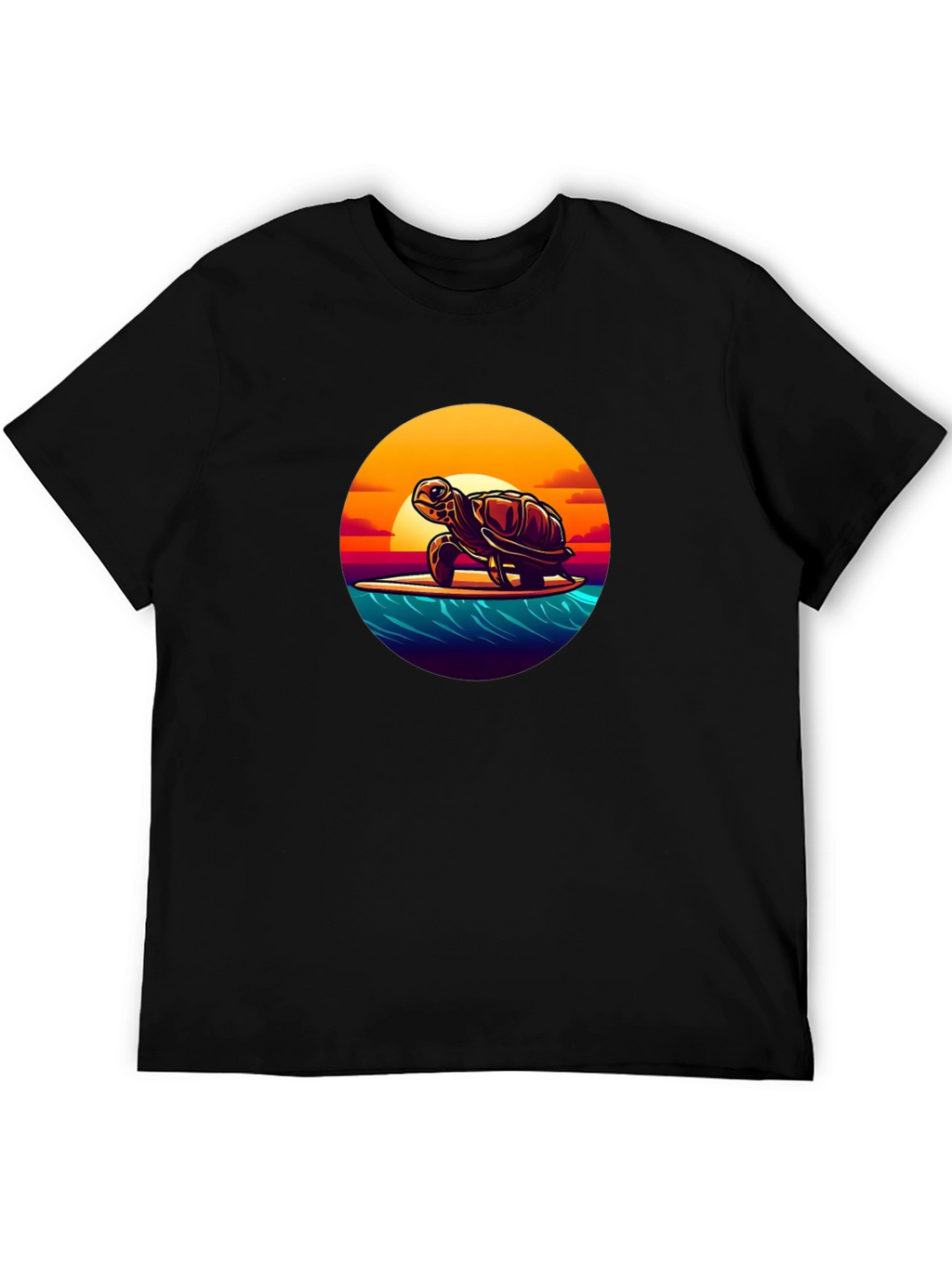 Surfing Turtle Graphic Tee - Black Cotton T-Shirt