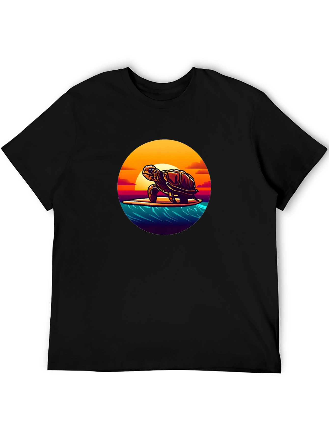 Surfing Turtle Graphic Tee - Black Cotton T-Shirt