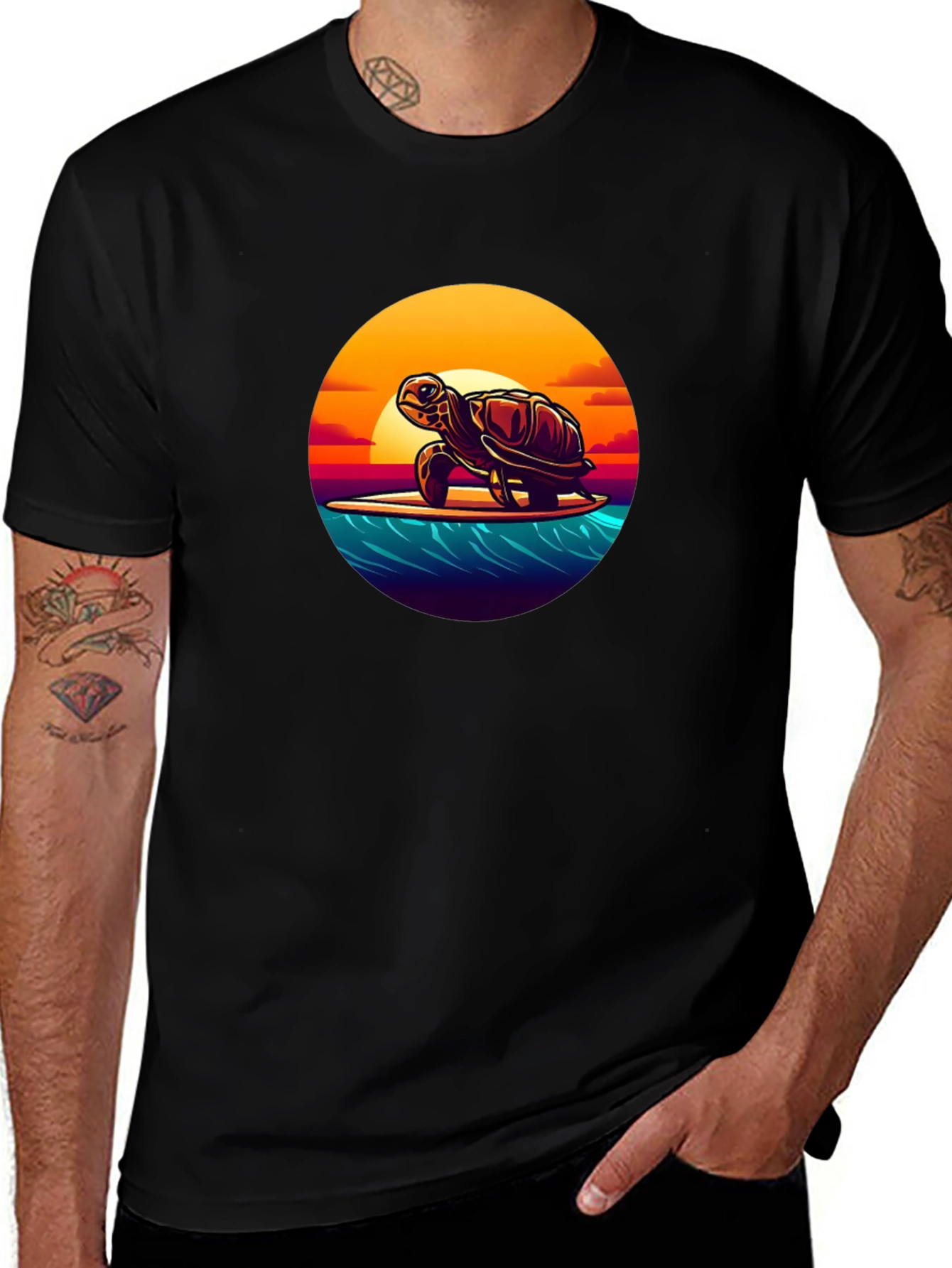 Surfing Turtle Graphic Tee - Black Cotton T-Shirt