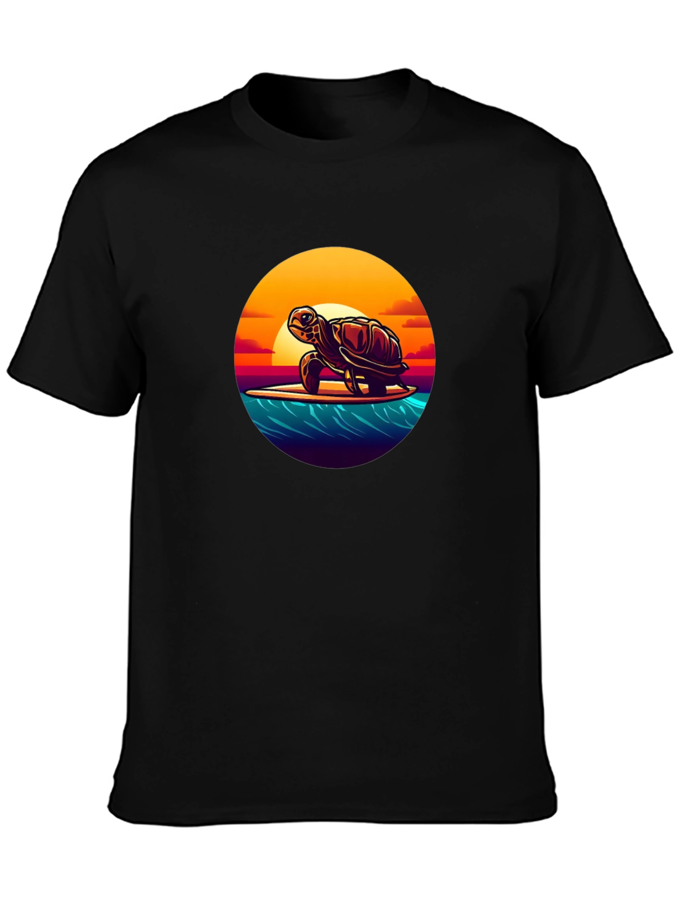 Surfing Turtle Graphic Tee - Black Cotton T-Shirt