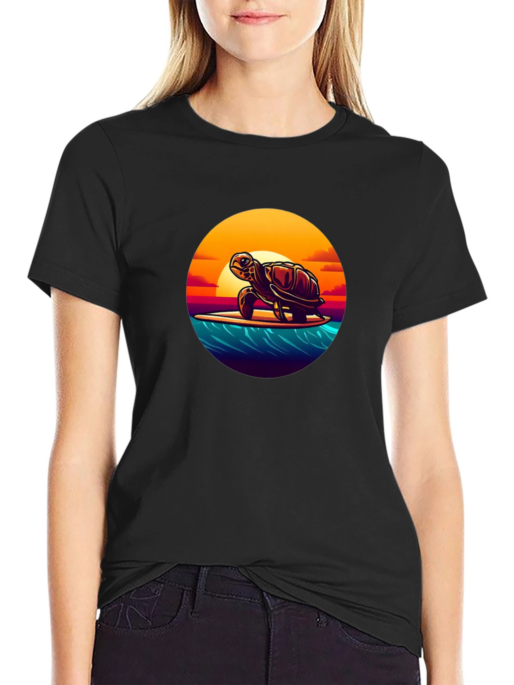 Surfing Turtle Graphic Tee - Black Cotton T-Shirt