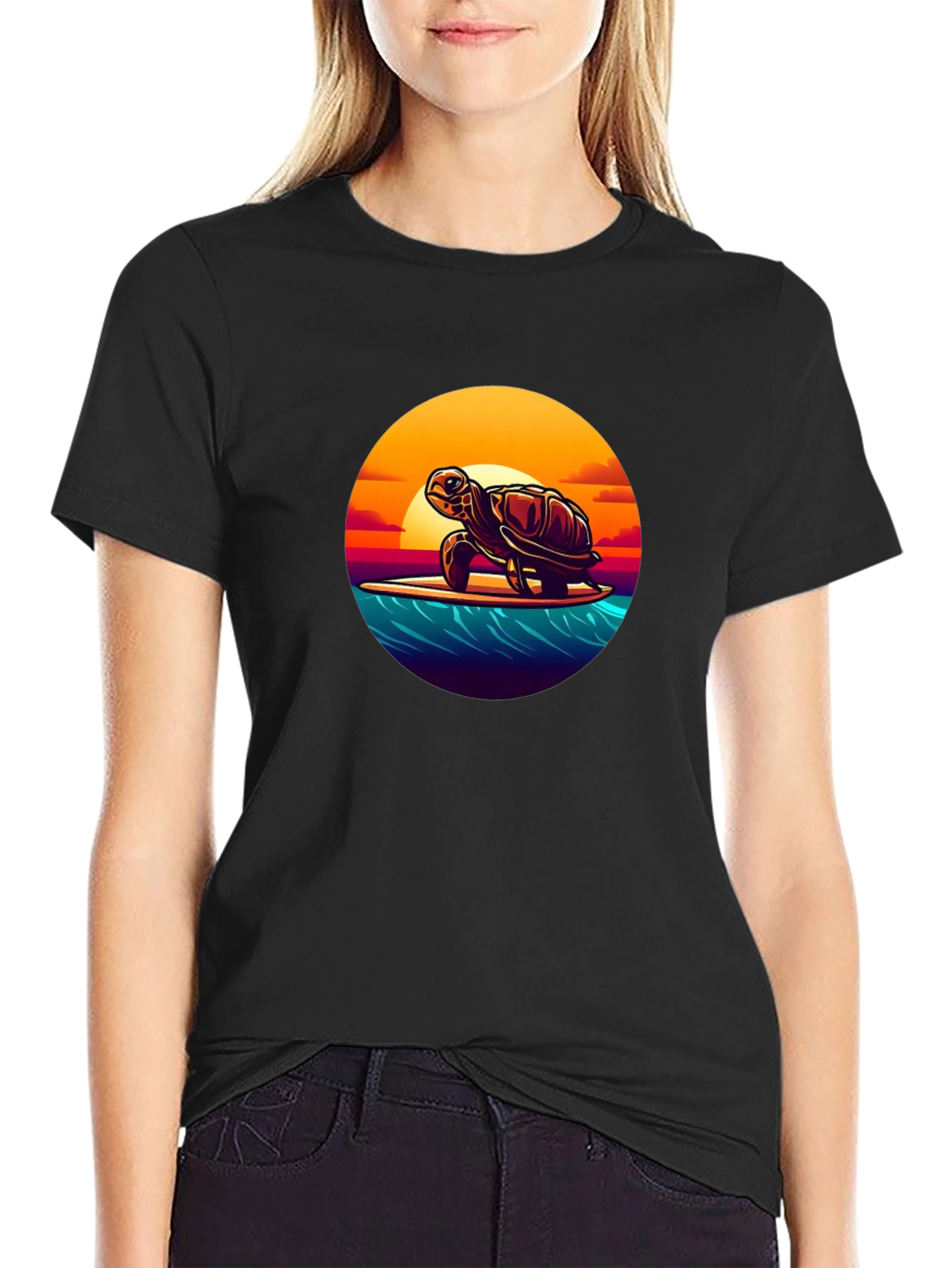 Surfing Turtle Graphic Tee - Black Cotton T-Shirt