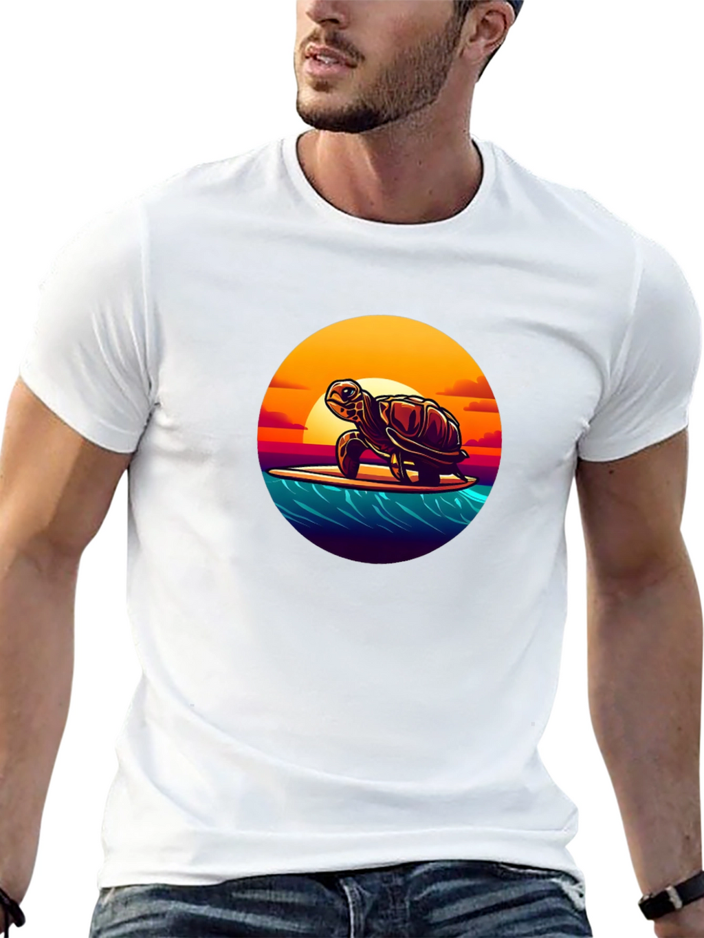 Surfing Turtle Graphic Tee - Black Cotton T-Shirt