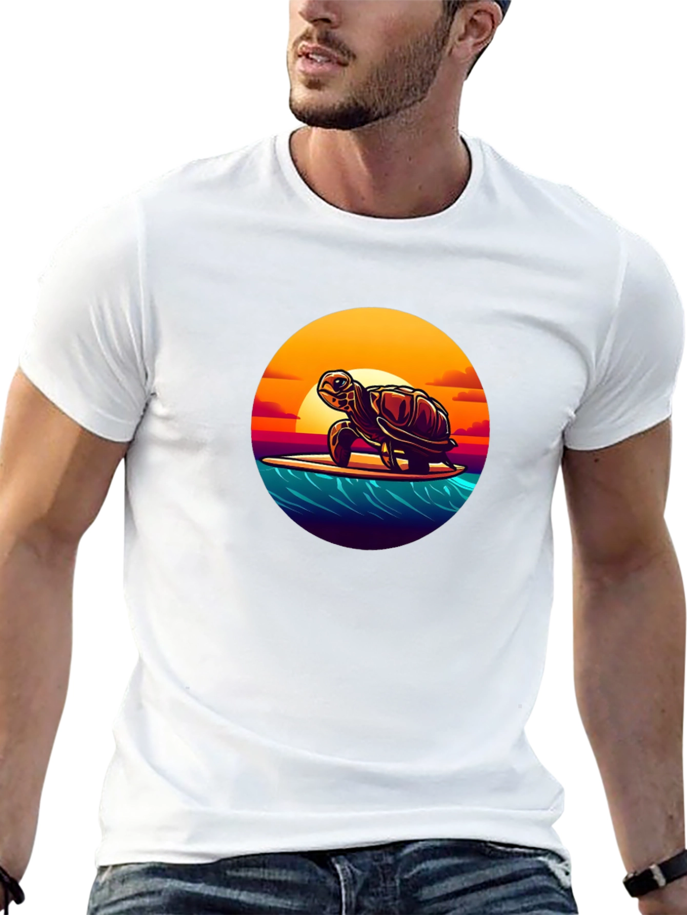 Surfing Turtle Graphic Tee - Black Cotton T-Shirt