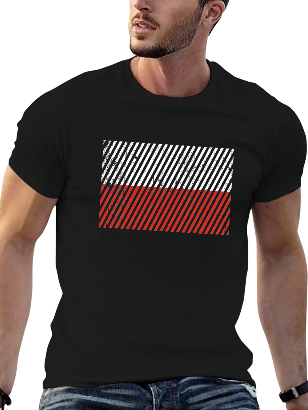Poland Flag Diagonal Stripe Black T-Shirt