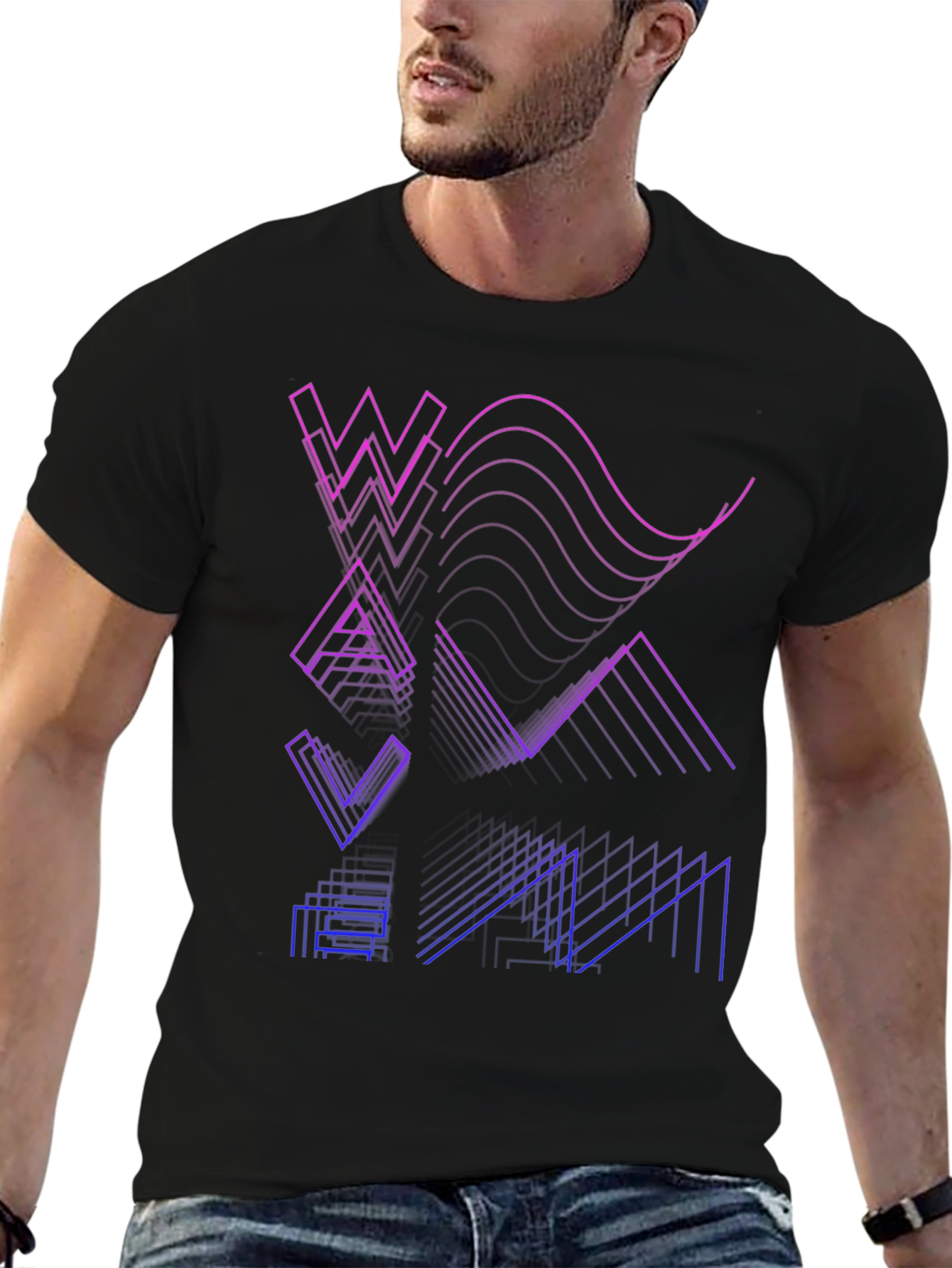 Abstract Geometric Line Art Mens Black T-Shirt