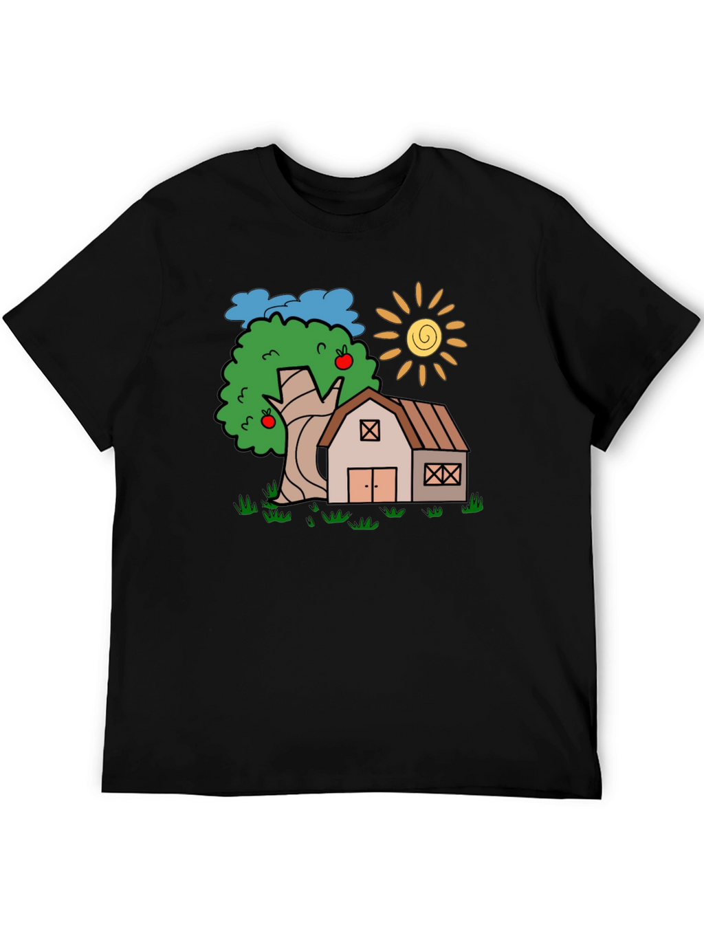 Cartoon Barn Tree Sun Black T-Shirt