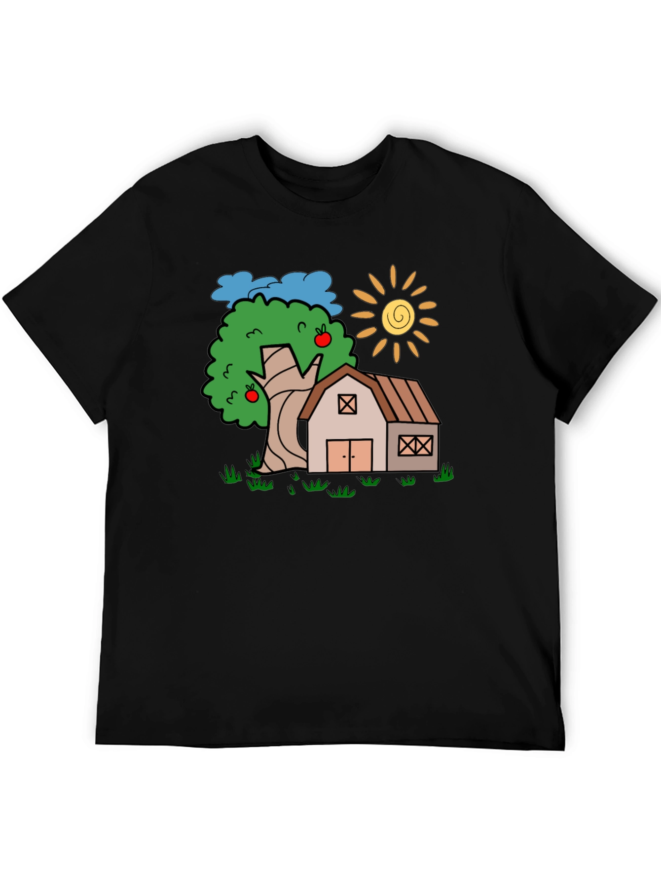 Cartoon Barn Tree Sun Black T-Shirt