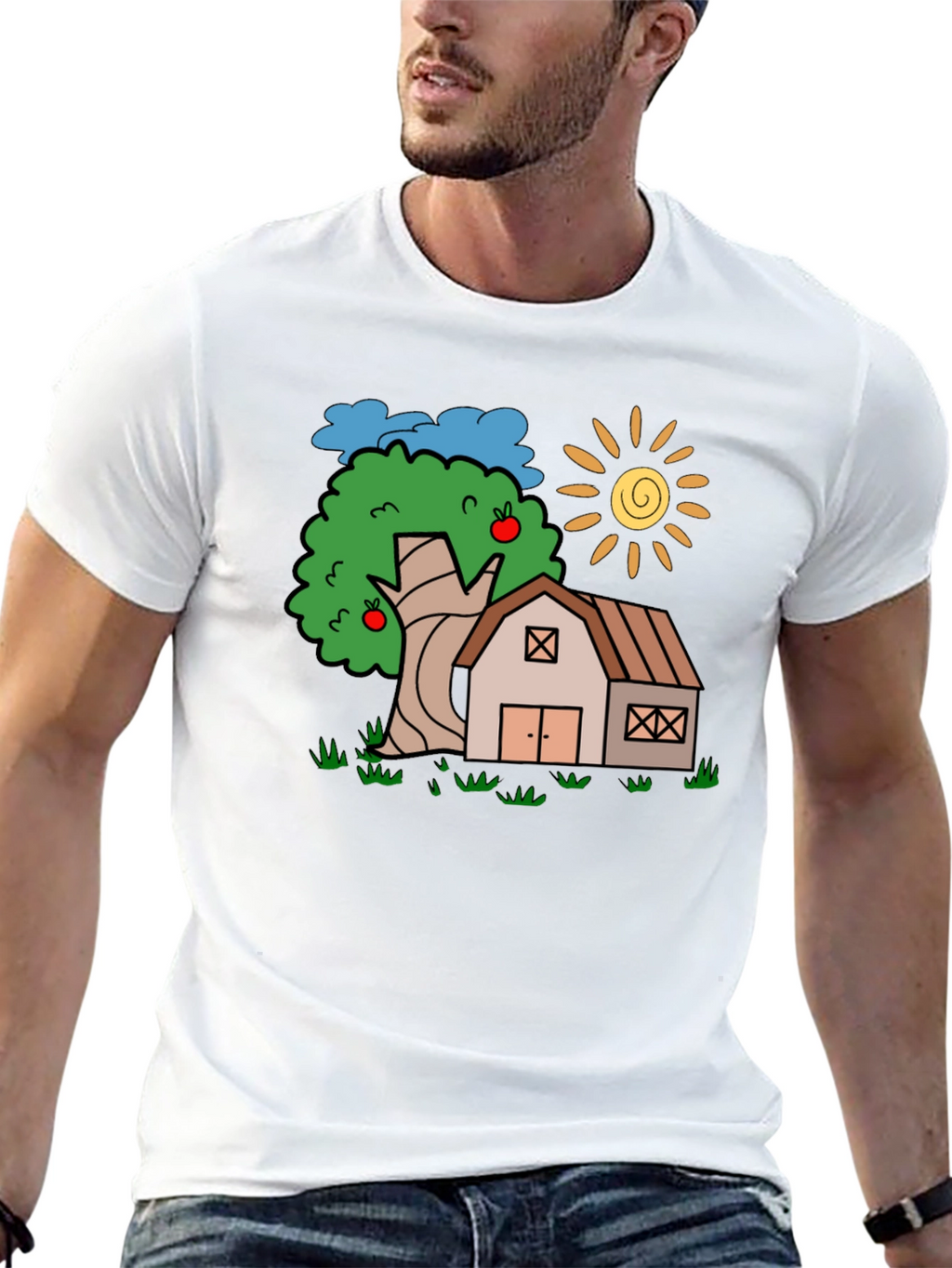 Cartoon Barn Tree Sun Black T-Shirt