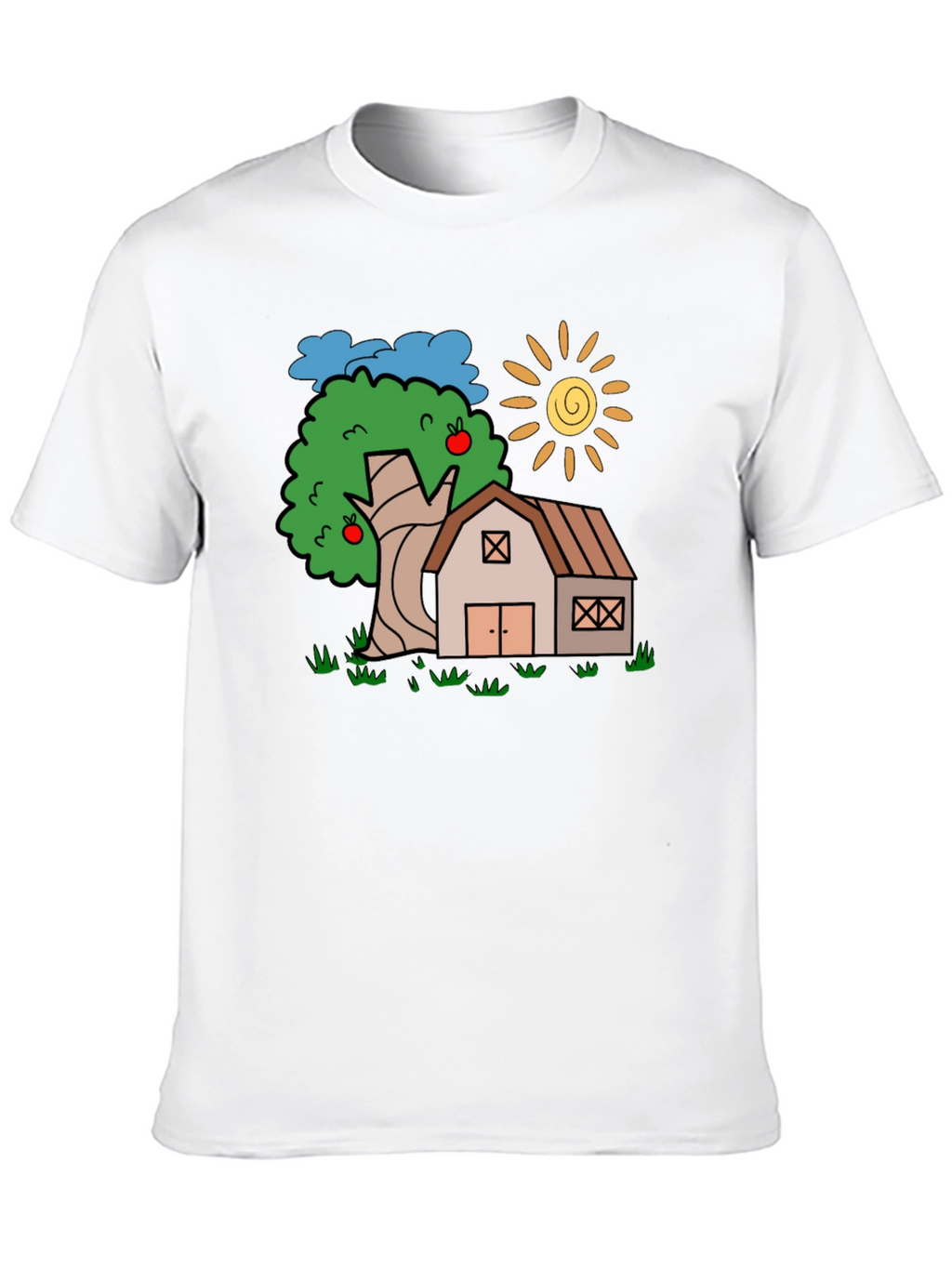 Cartoon Barn Tree Sun Black T-Shirt