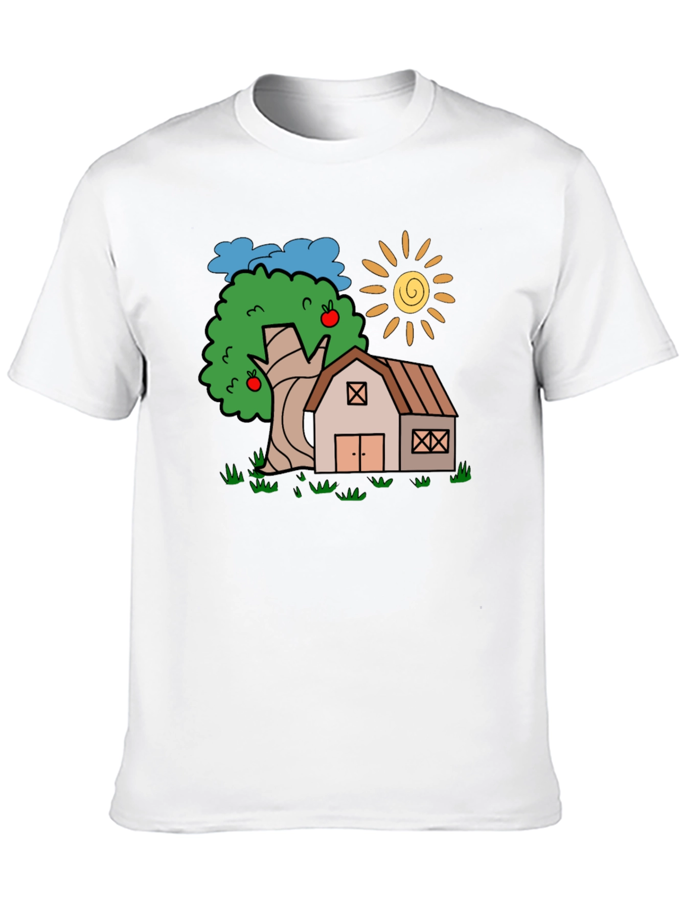 Cartoon Barn Tree Sun Black T-Shirt