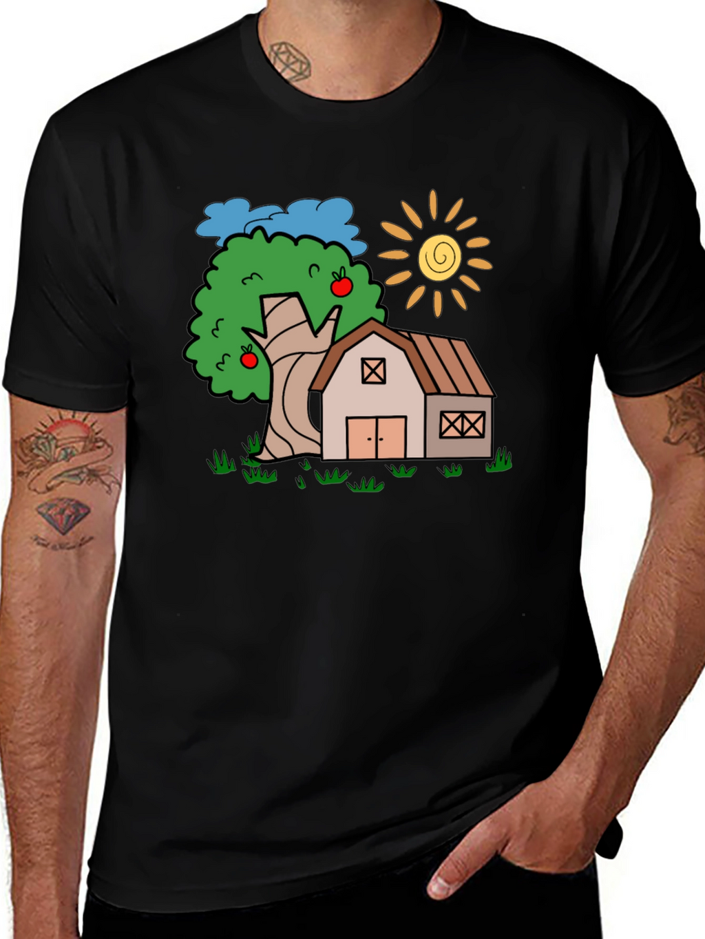Cartoon Barn Tree Sun Black T-Shirt