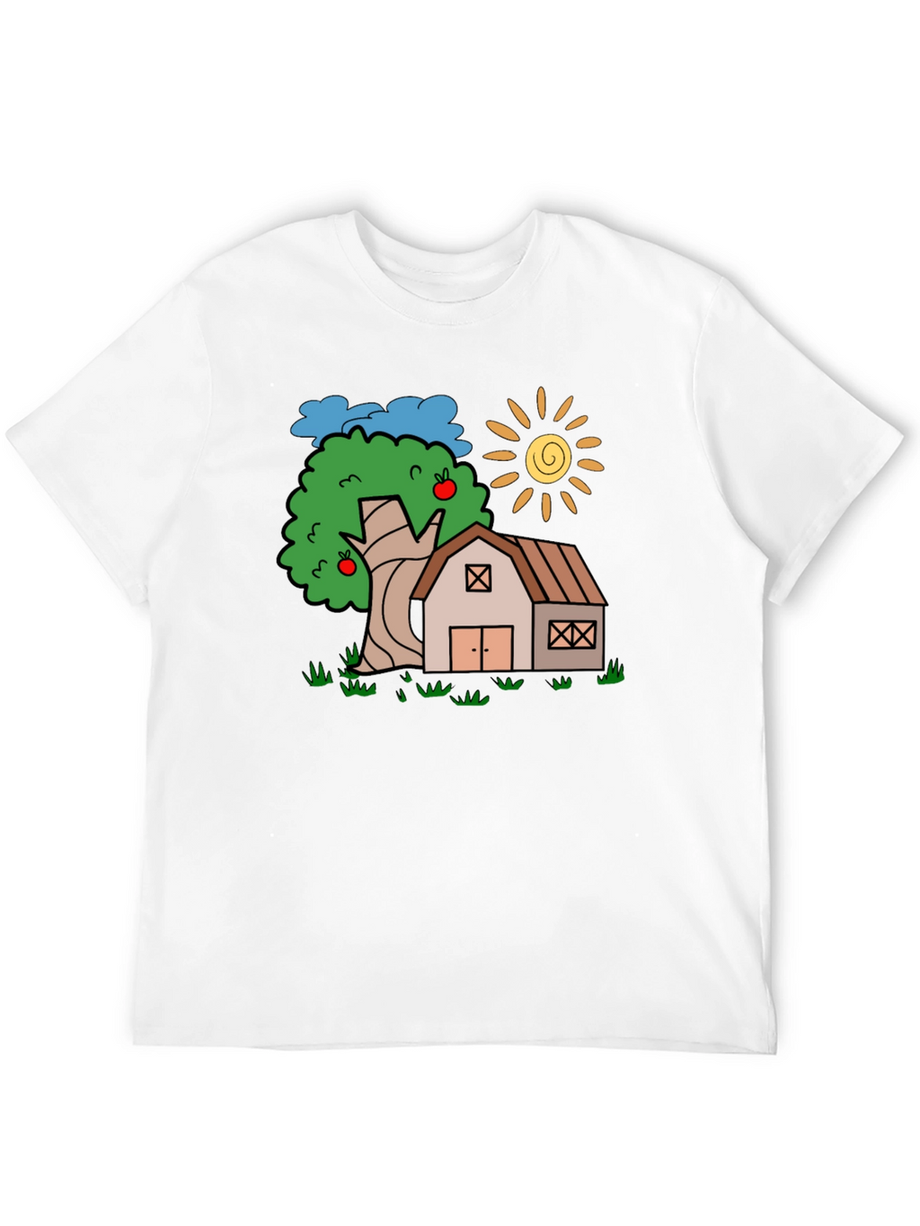 Cartoon Barn Tree Sun Black T-Shirt
