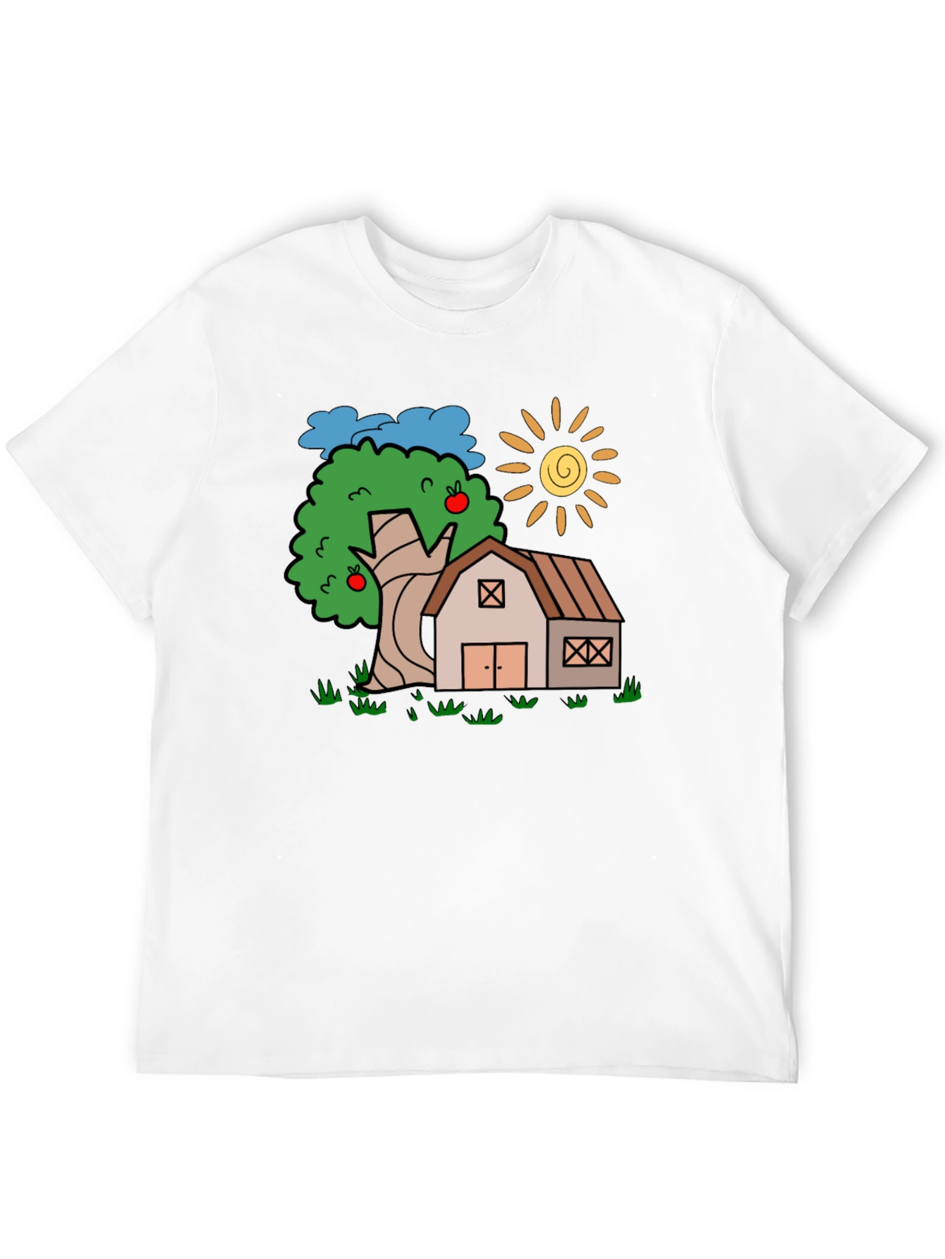 Cartoon Barn Tree Sun Black T-Shirt