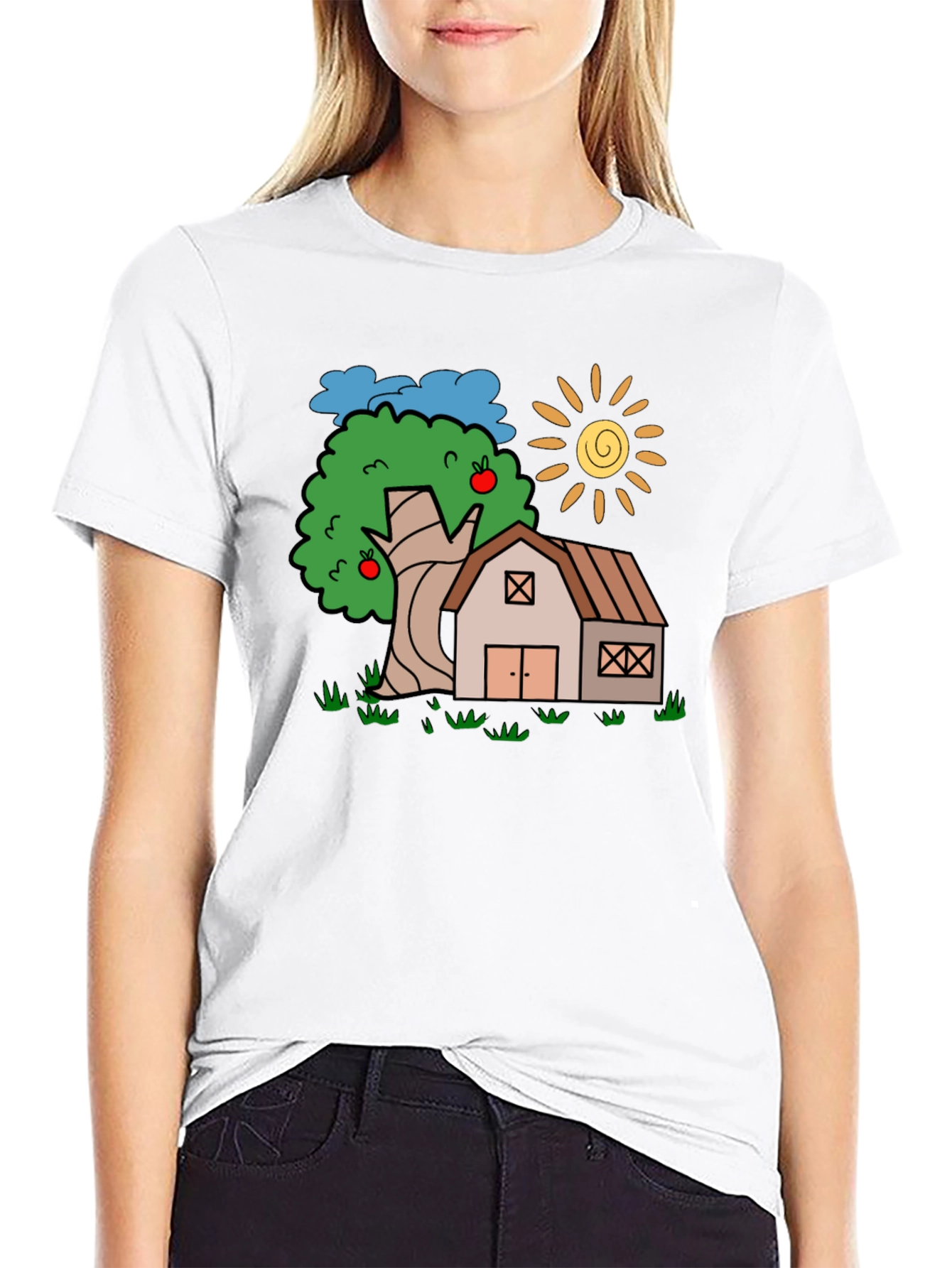 Cartoon Barn Tree Sun Black T-Shirt