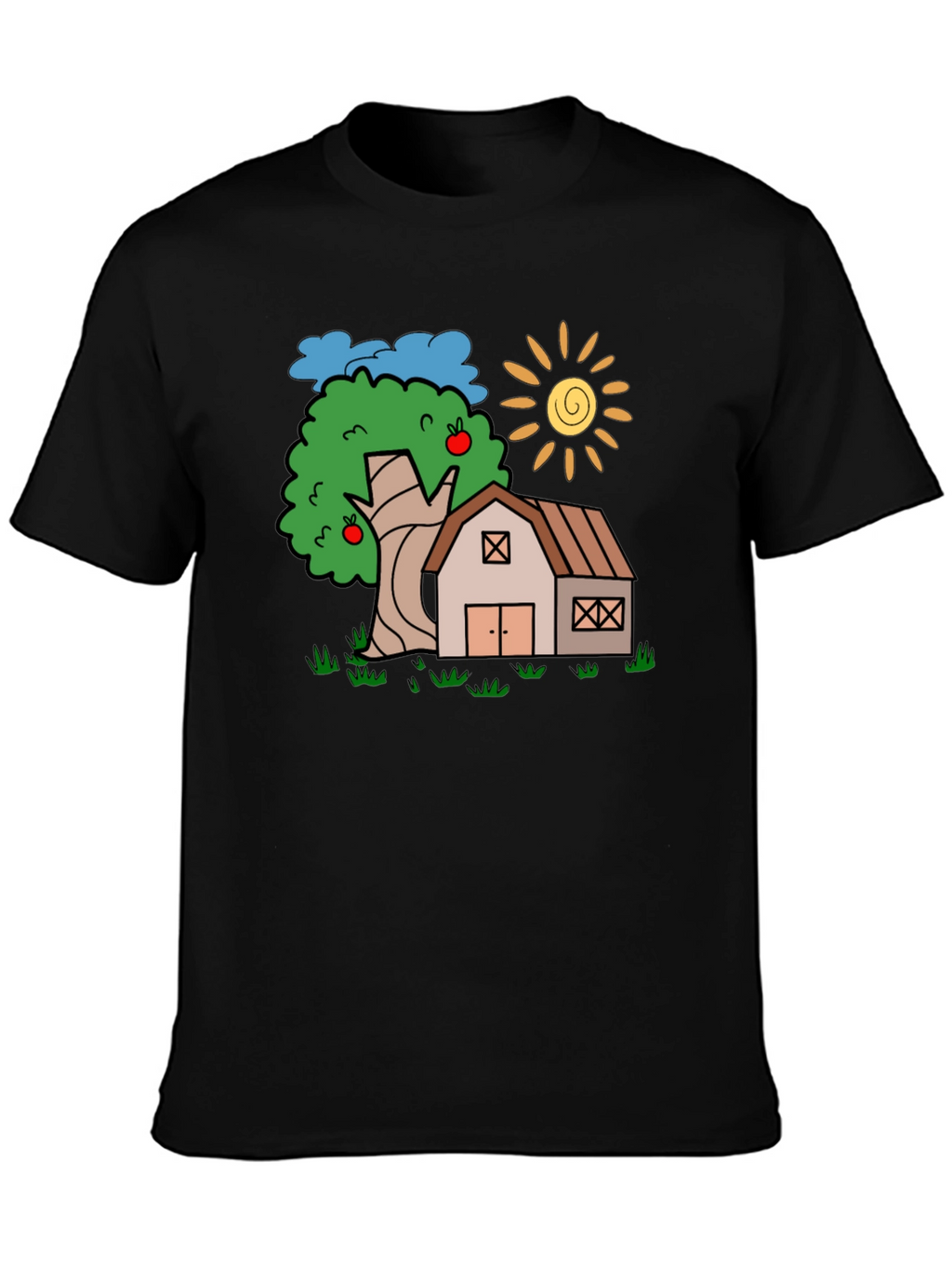 Cartoon Barn Tree Sun Black T-Shirt