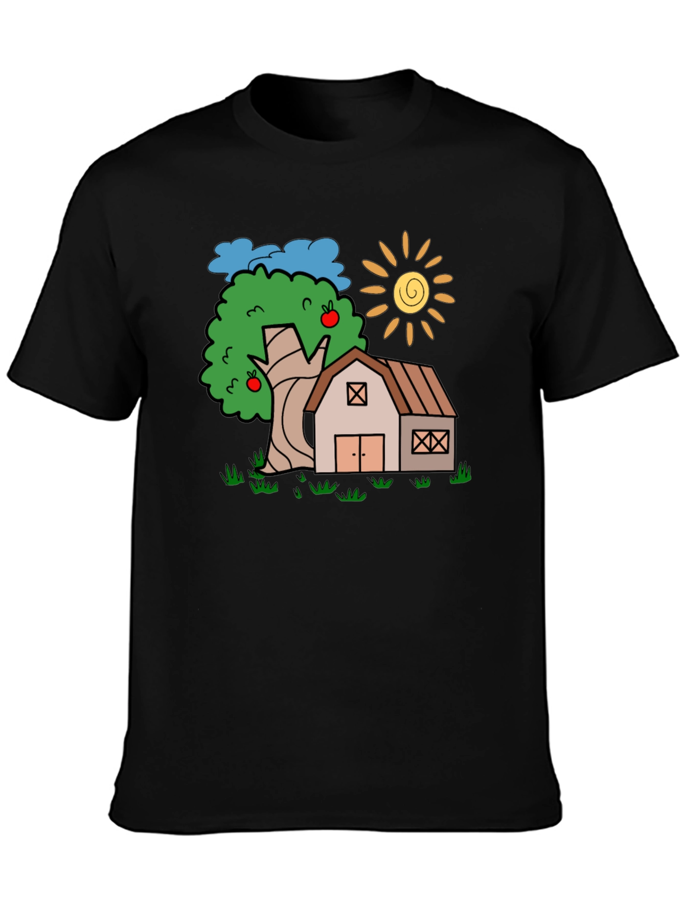 Cartoon Barn Tree Sun Black T-Shirt