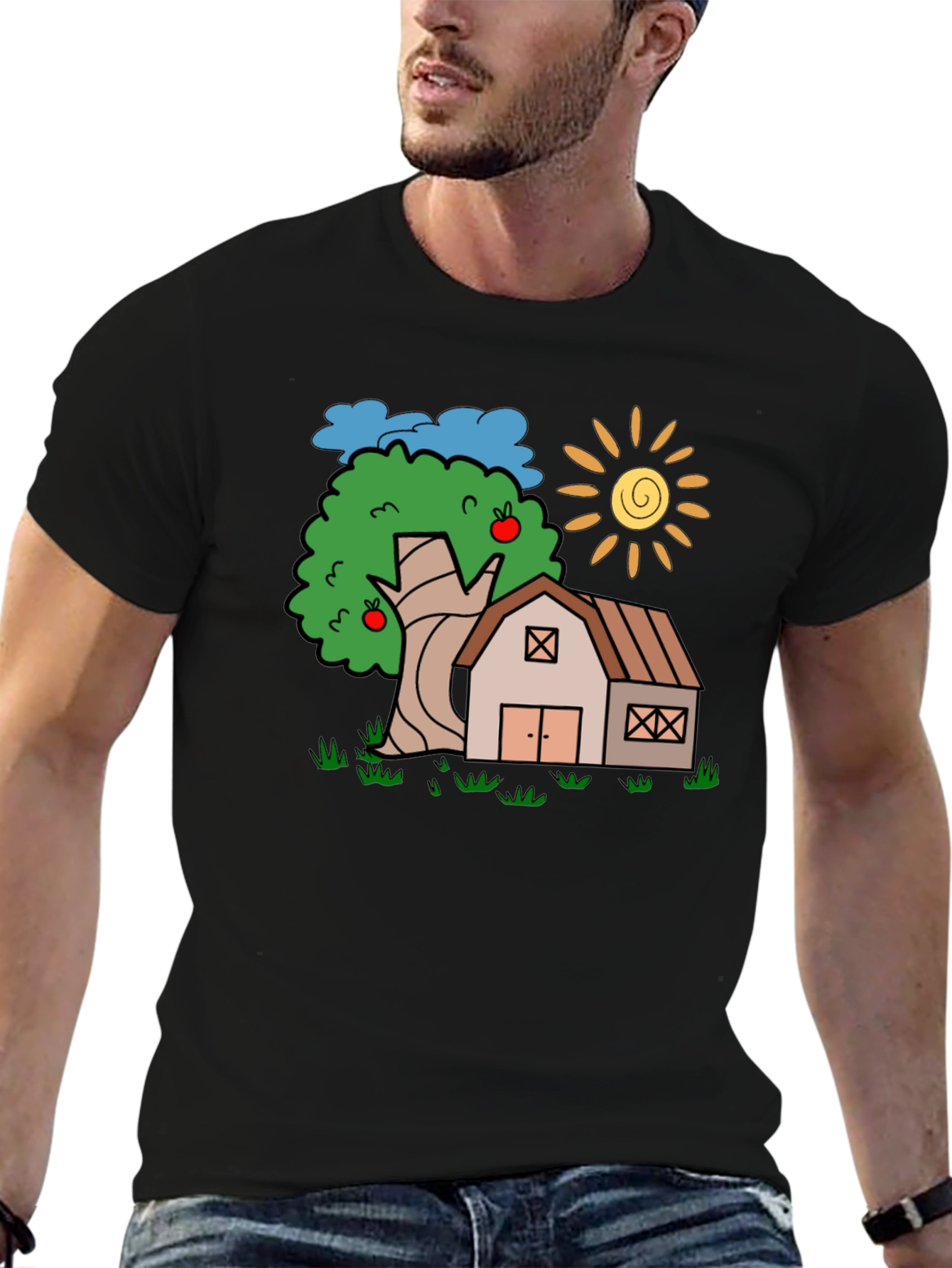 Cartoon Barn Tree Sun Black T-Shirt