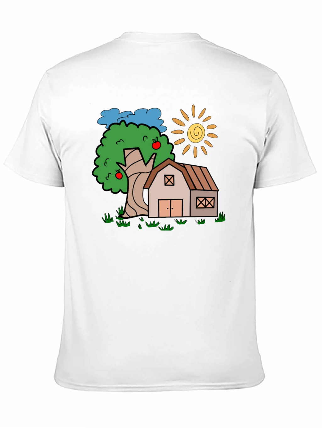 Cartoon Barn Tree Sun Black T-Shirt