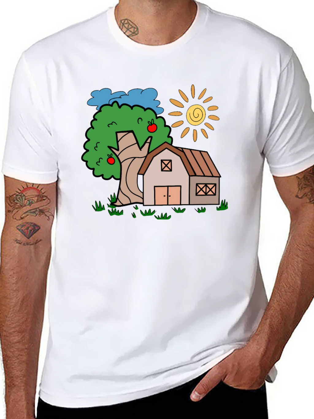 Cartoon Barn Tree Sun Black T-Shirt