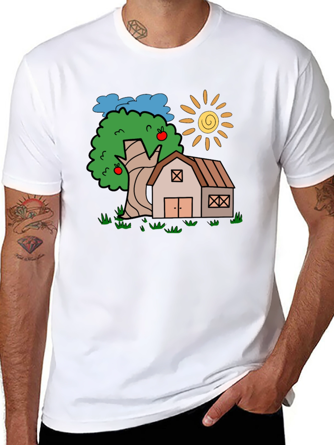 Cartoon Barn Tree Sun Black T-Shirt
