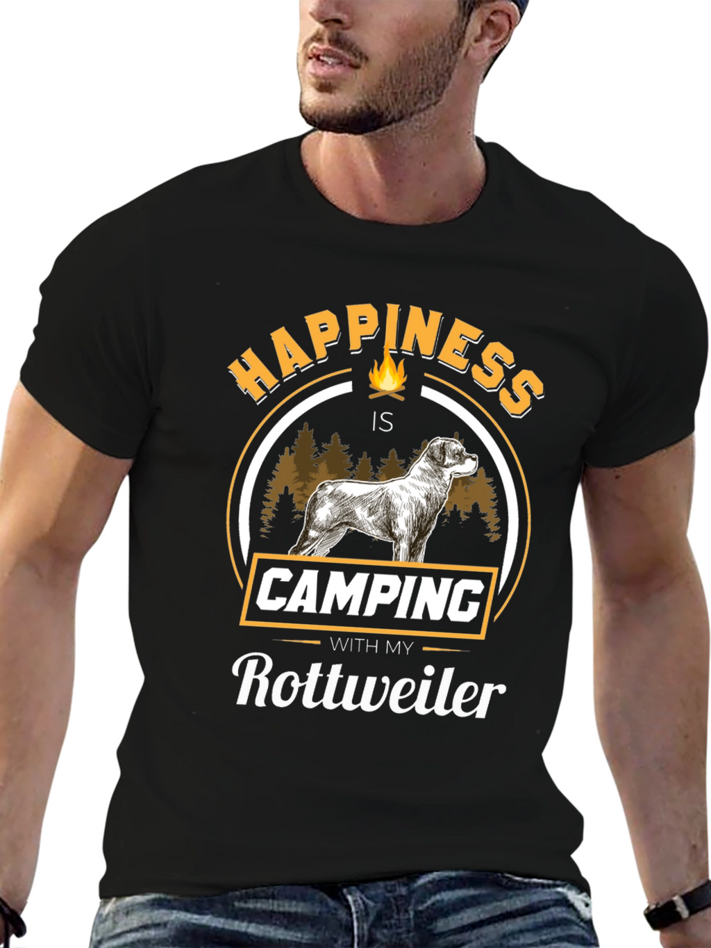 Happiness is Camping With My Rottweiler Black T-Shirt