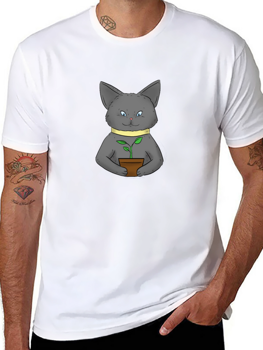 Cute Cat with Plant Black T-Shirt