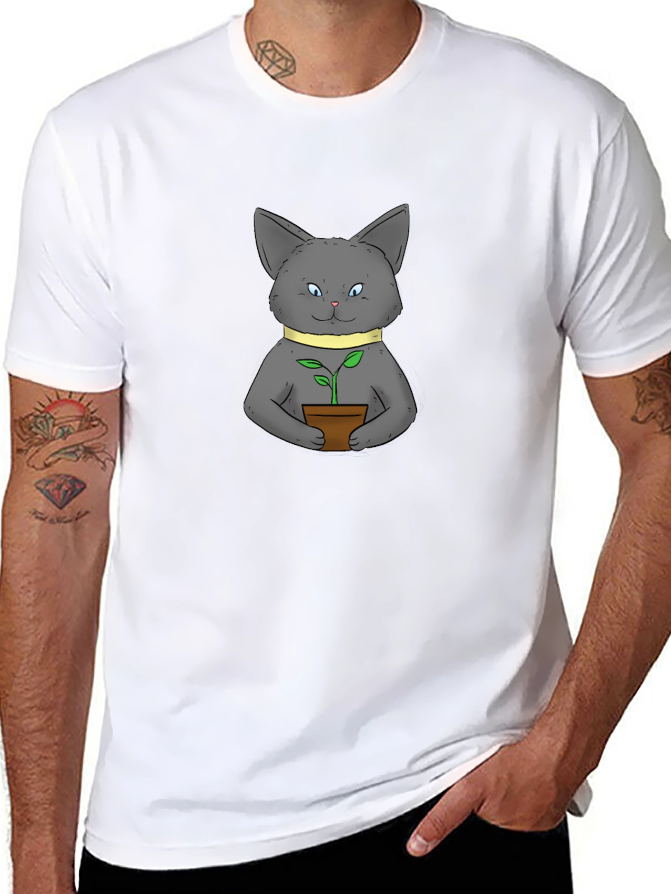 Cute Cat with Plant Black T-Shirt