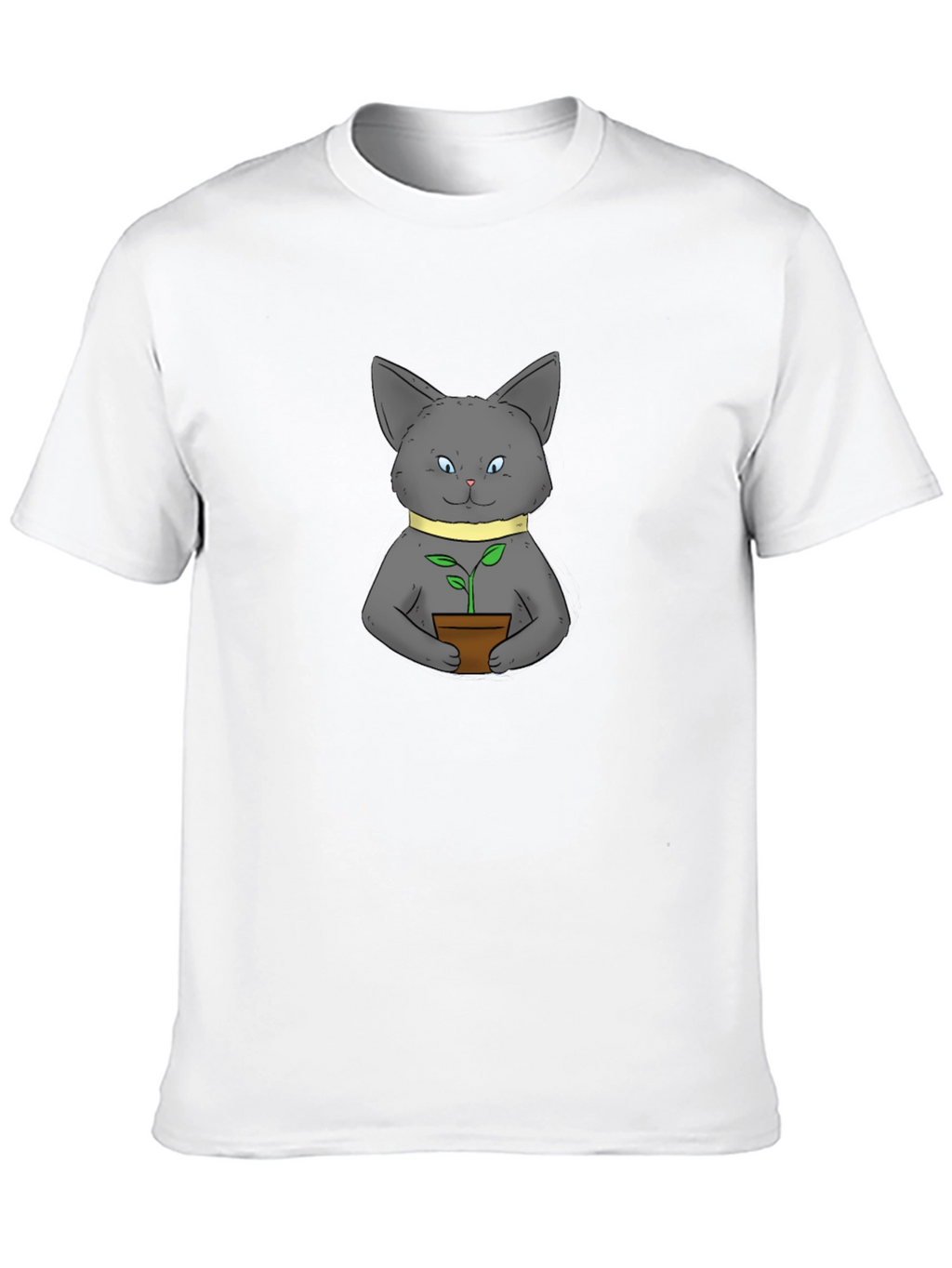 Cute Cat with Plant Black T-Shirt