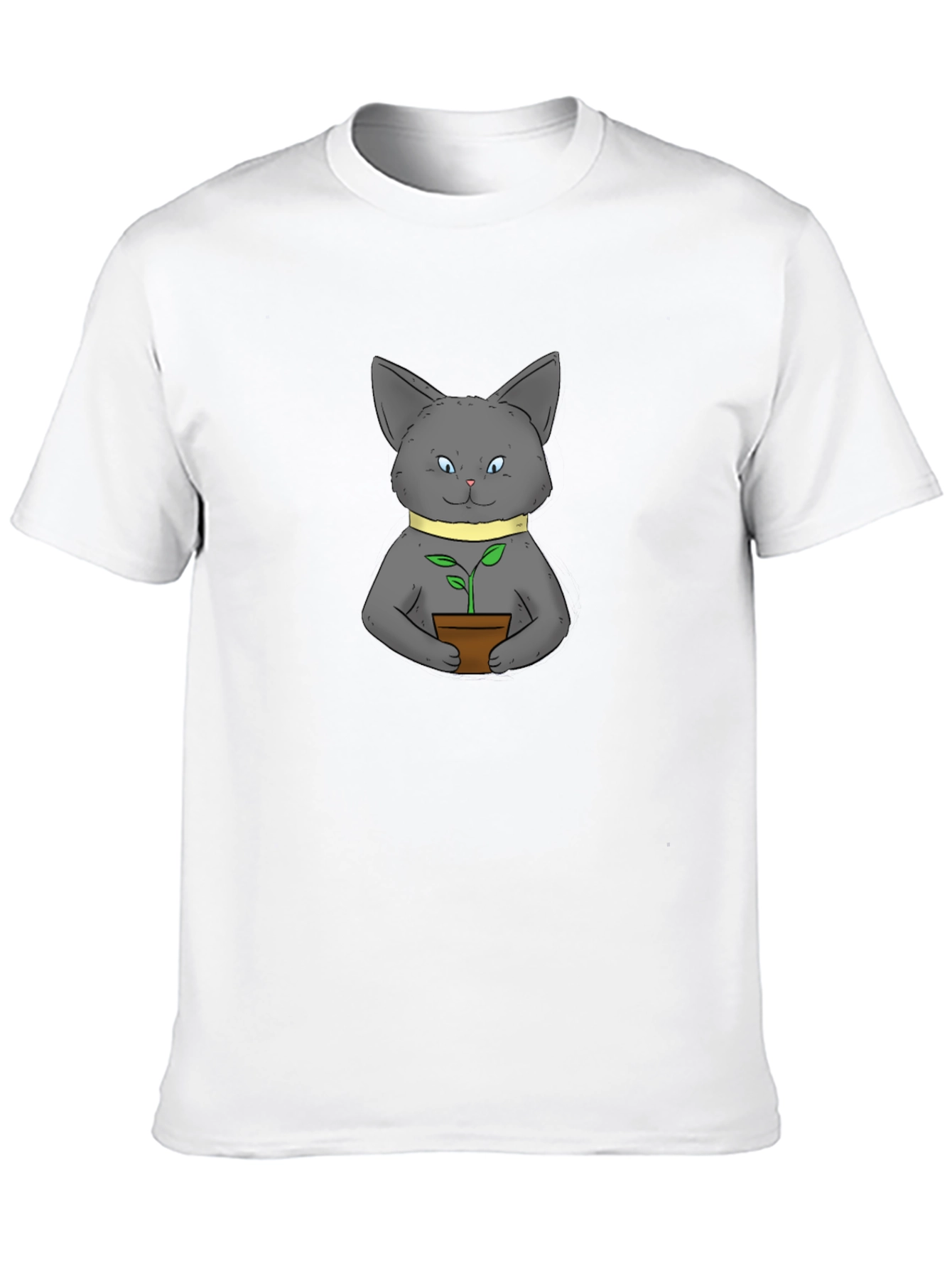Cute Cat with Plant Black T-Shirt
