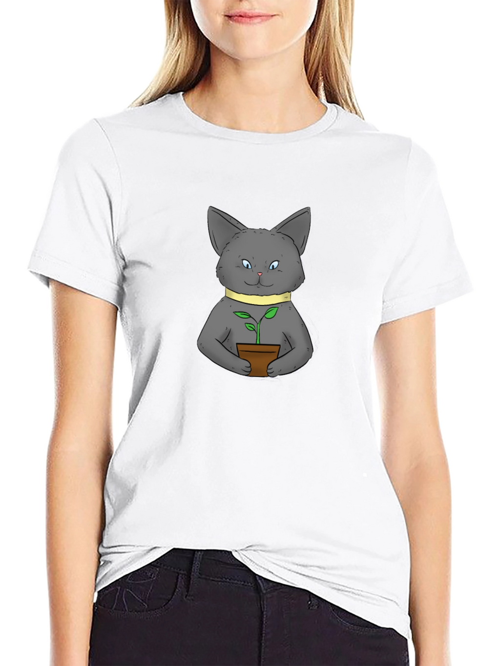 Cute Cat with Plant Black T-Shirt