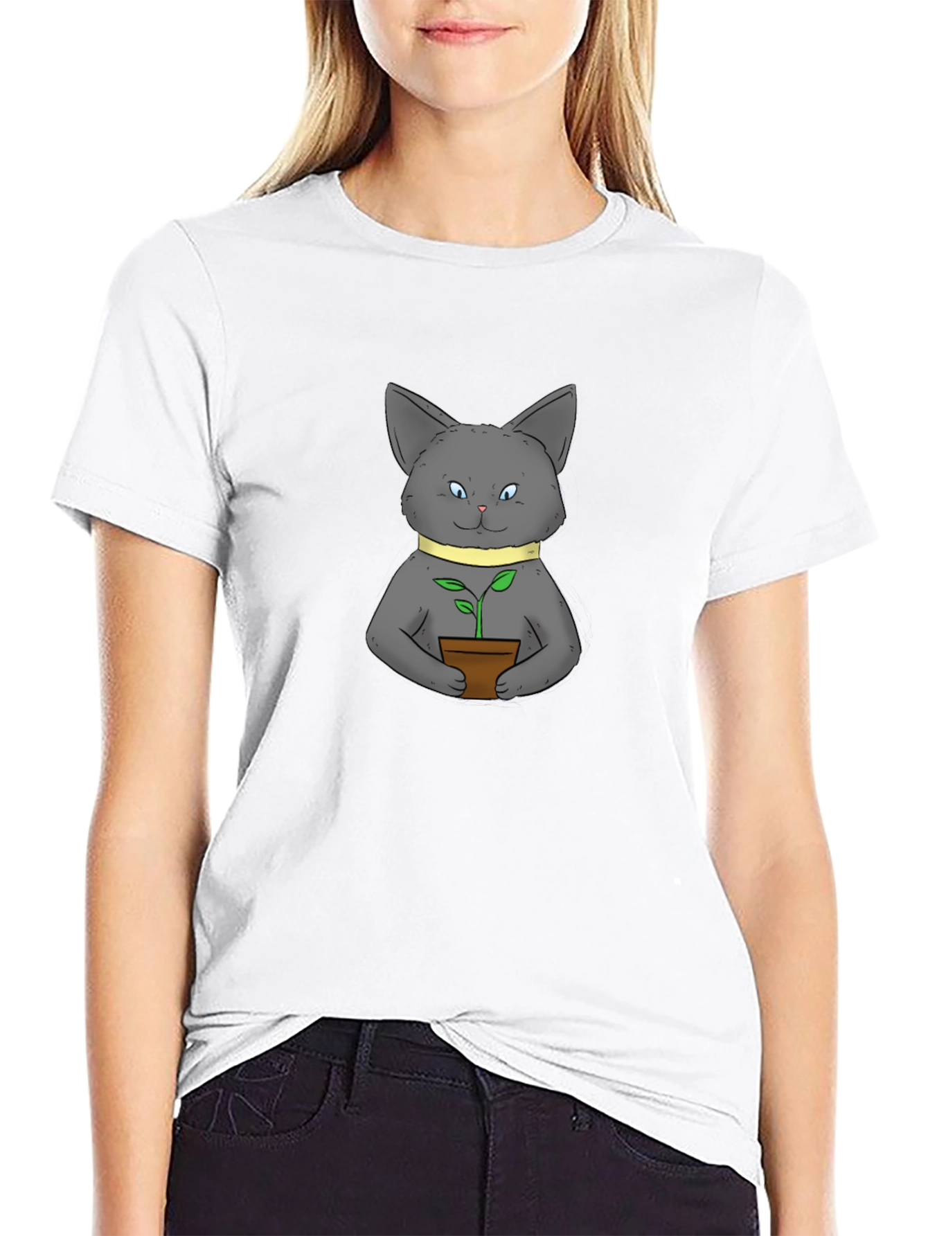 Cute Cat with Plant Black T-Shirt