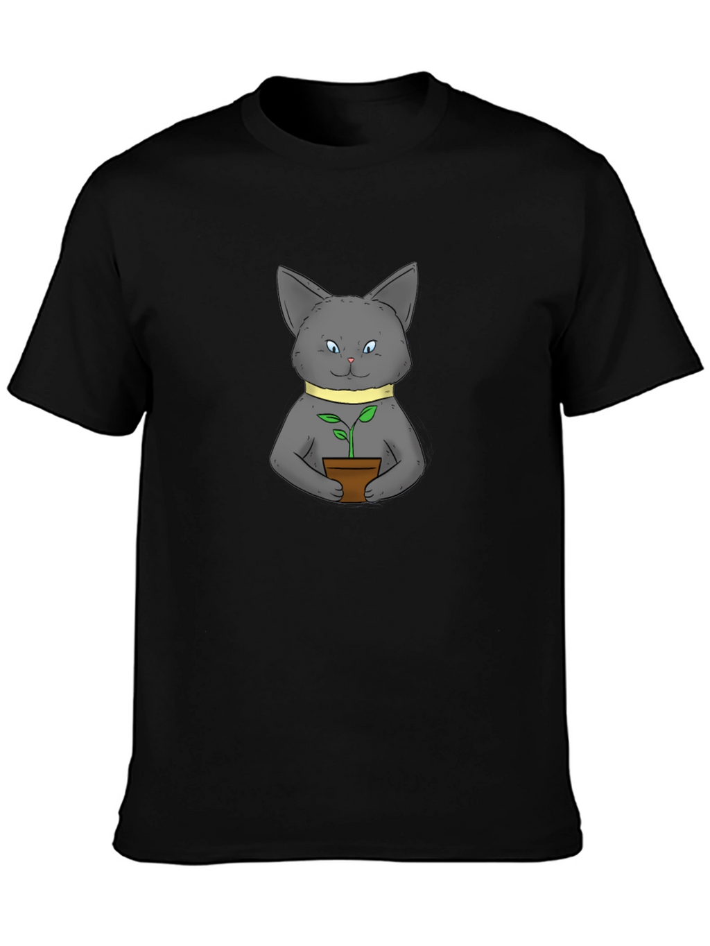 Cute Cat with Plant Black T-Shirt
