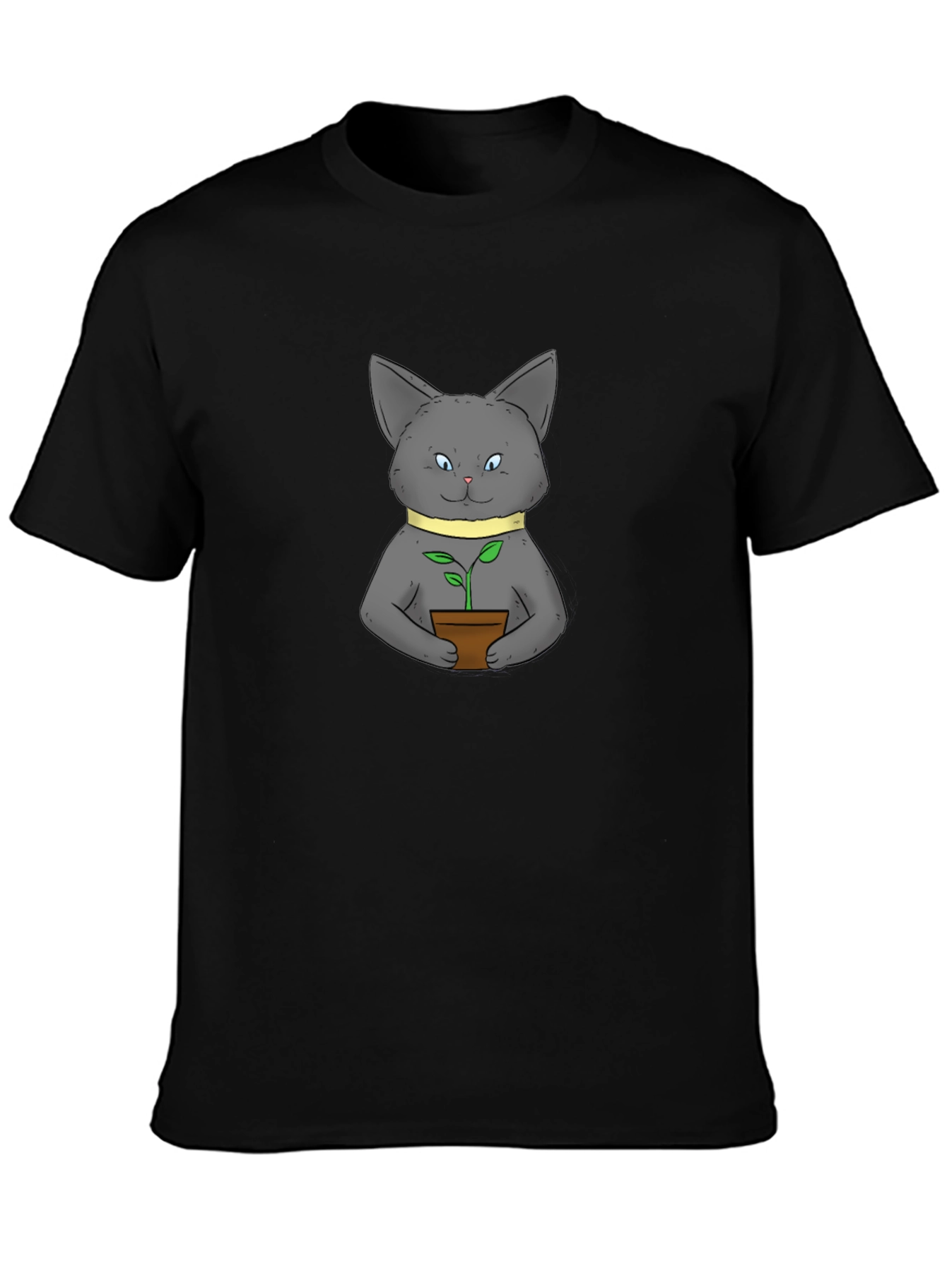 Cute Cat with Plant Black T-Shirt