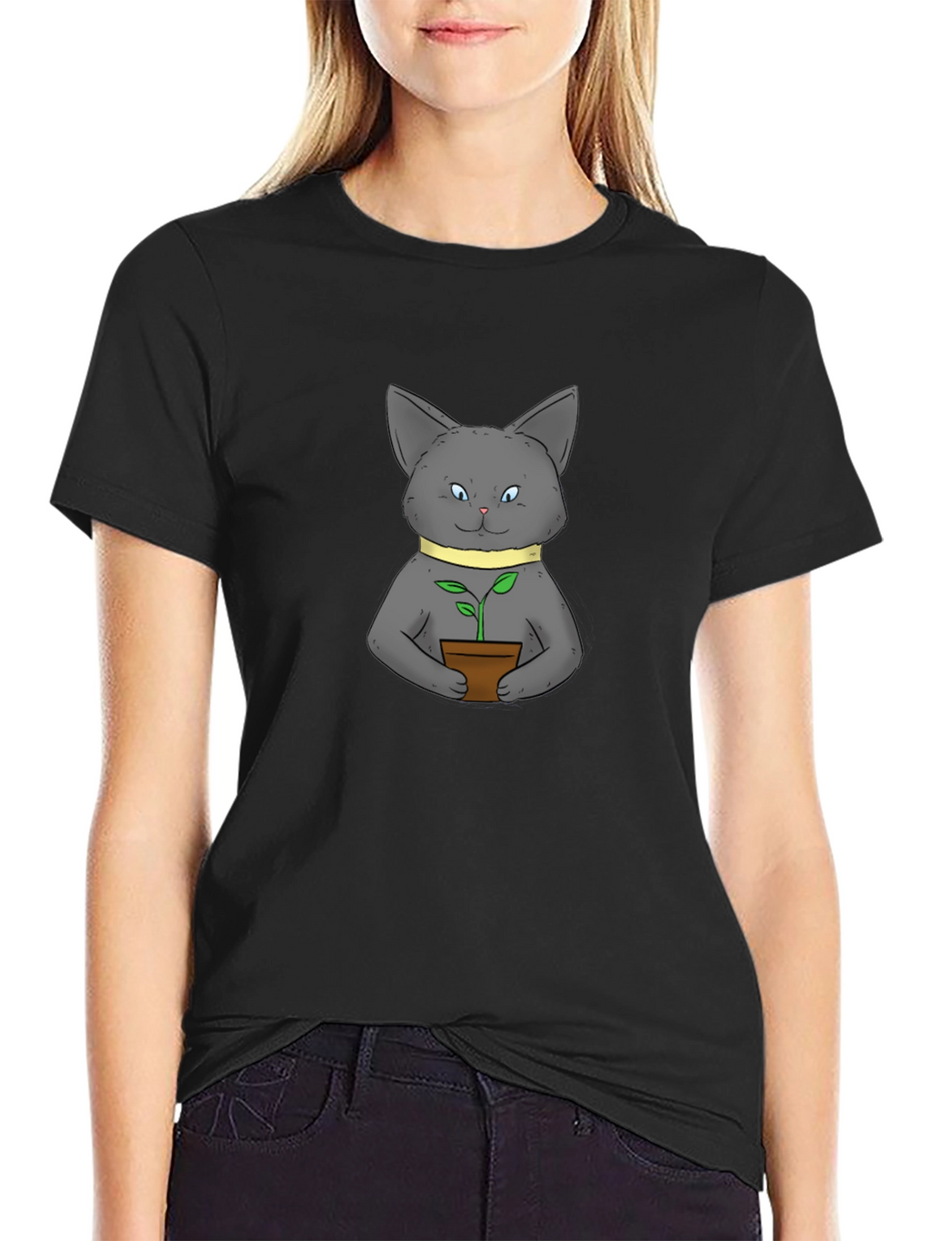 Cute Cat with Plant Black T-Shirt