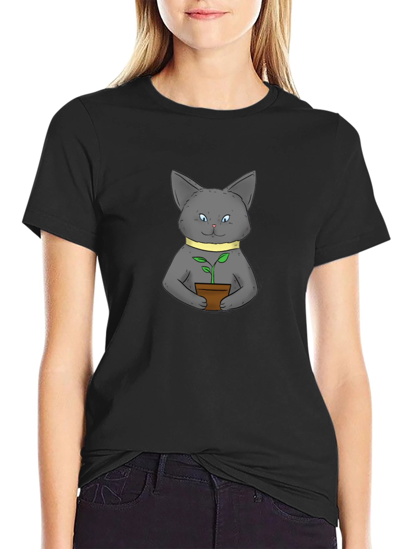 Cute Cat with Plant Black T-Shirt