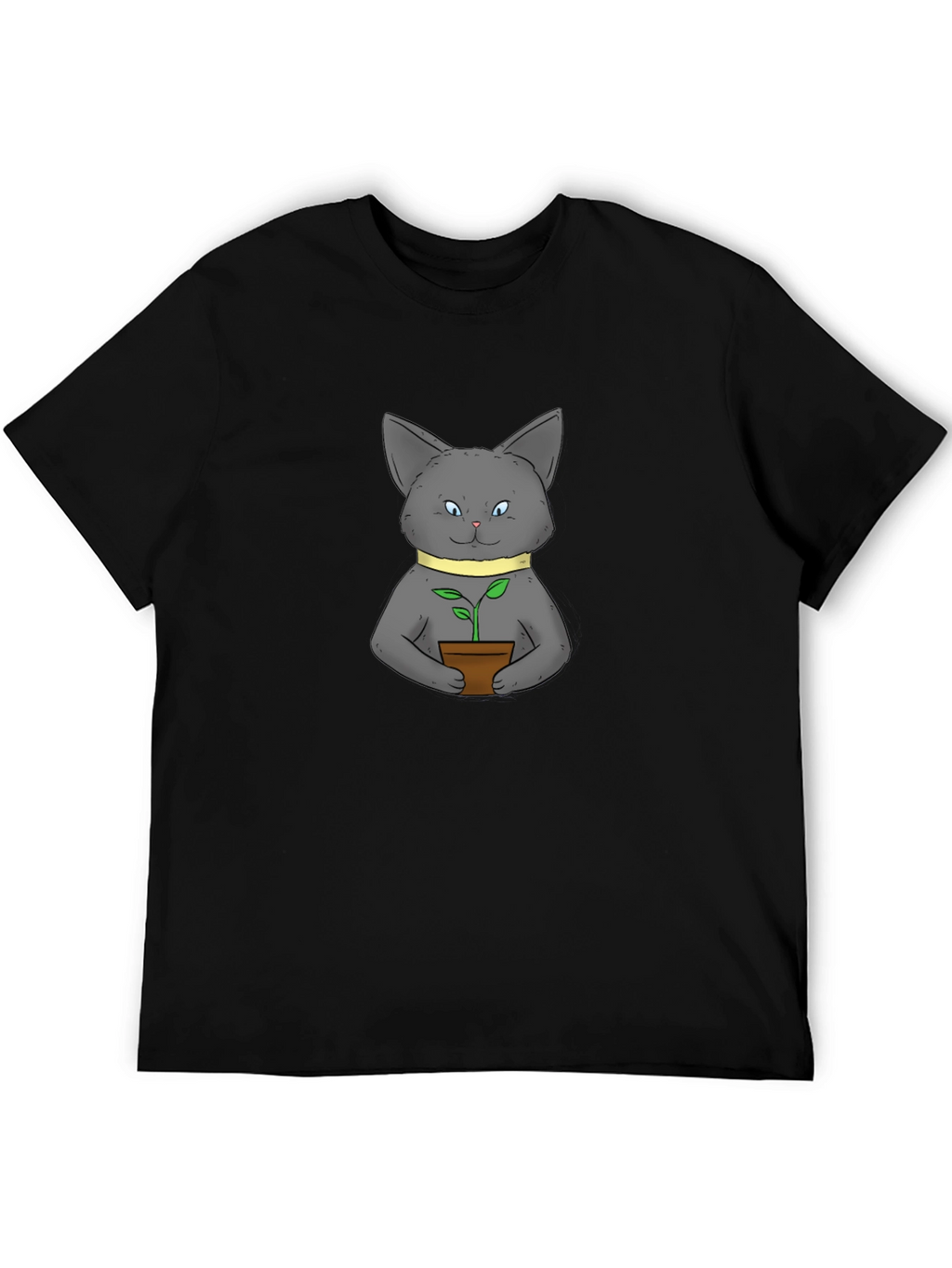 Cute Cat with Plant Black T-Shirt