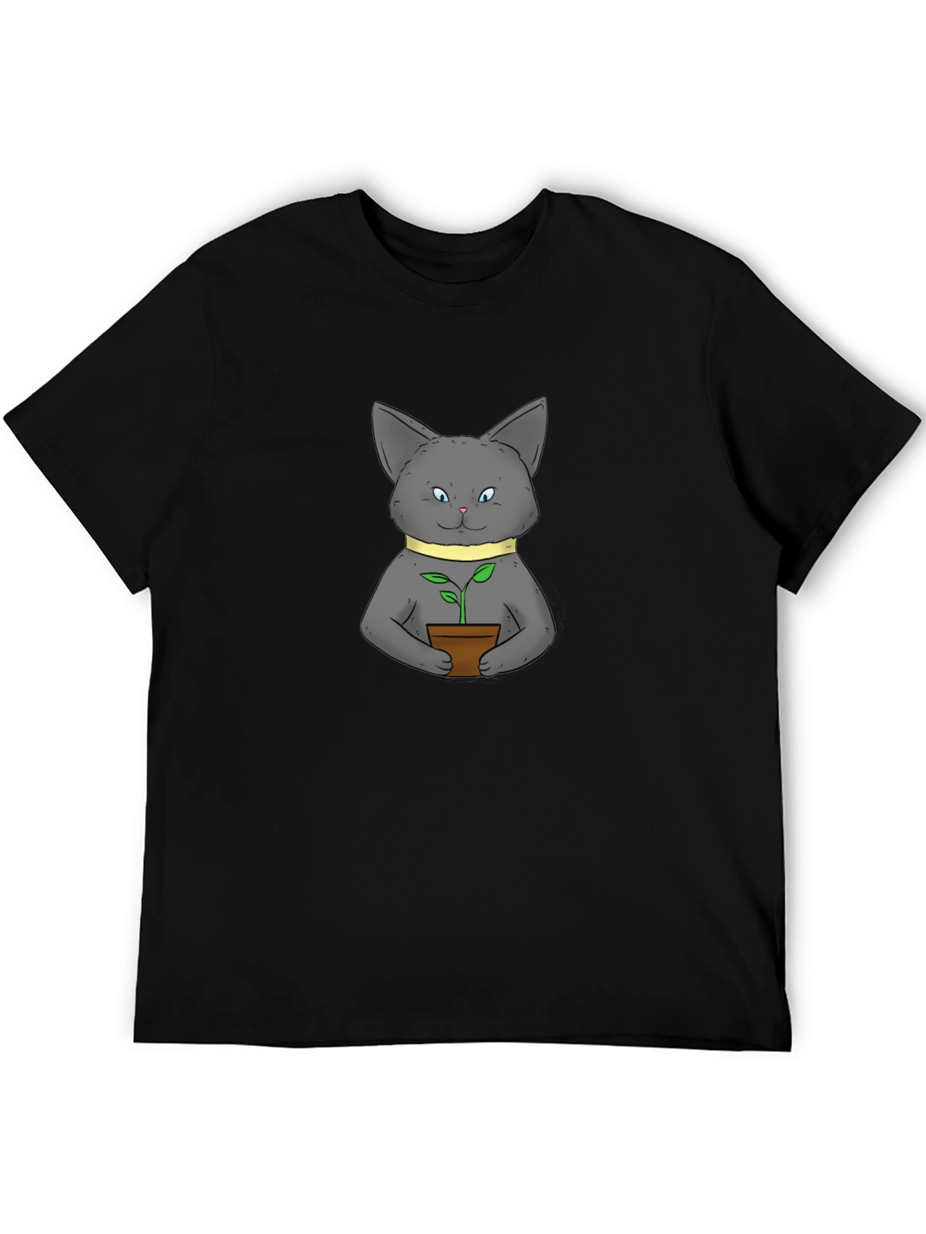 Cute Cat with Plant Black T-Shirt