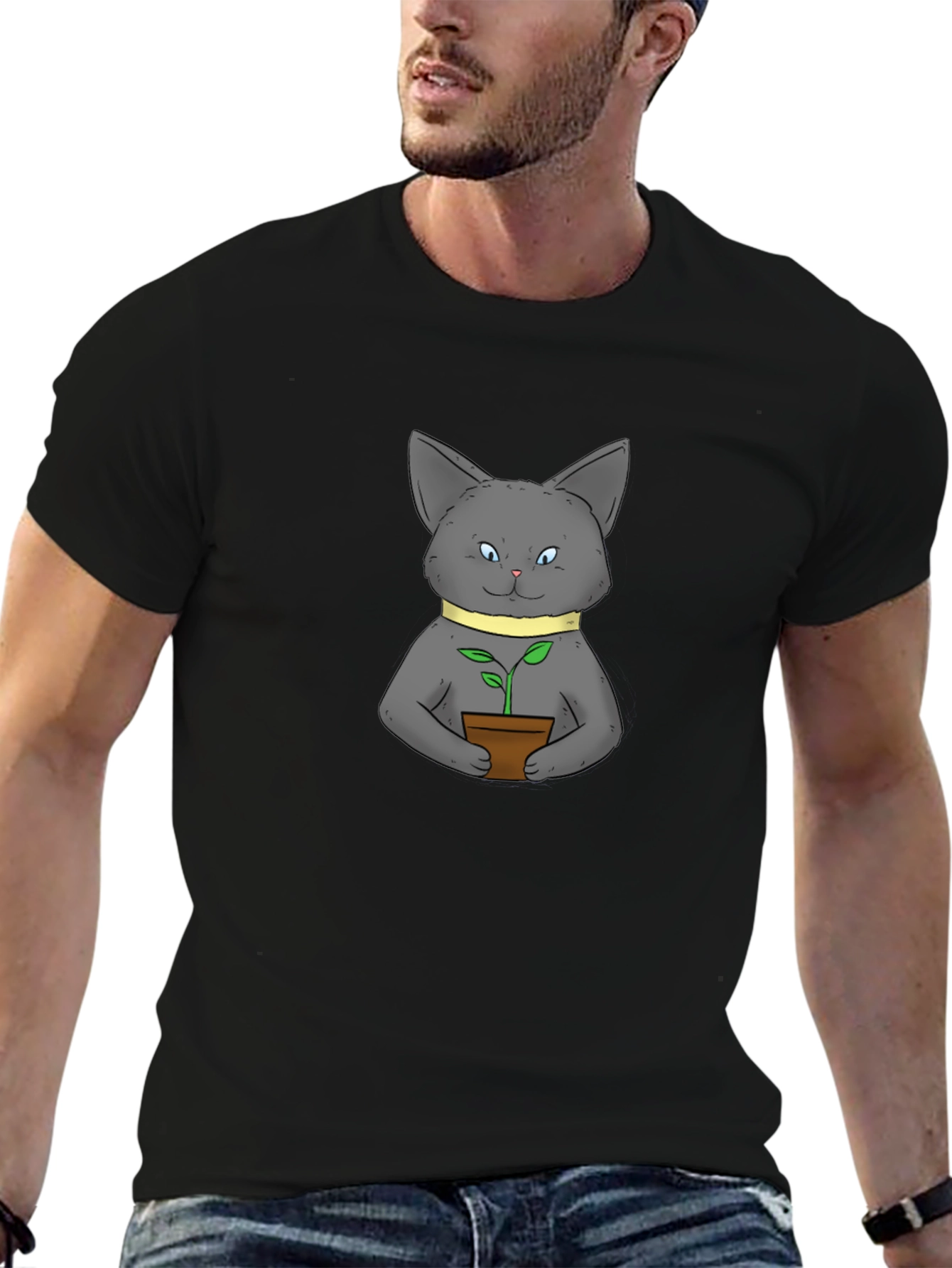 Cute Cat with Plant Black T-Shirt