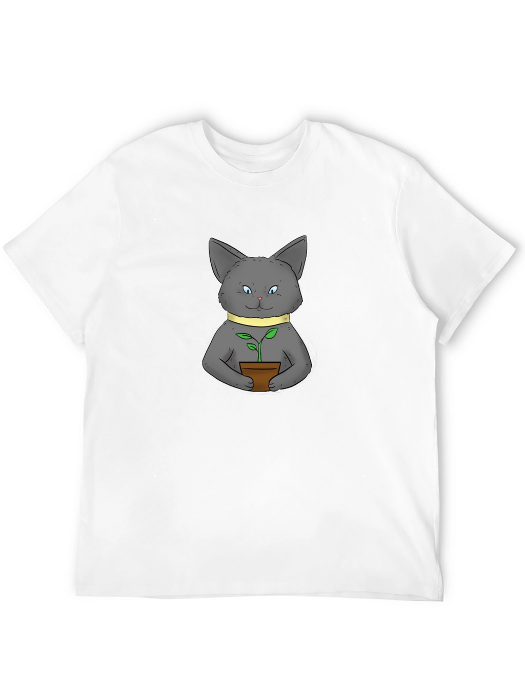 Cute Cat with Plant Black T-Shirt