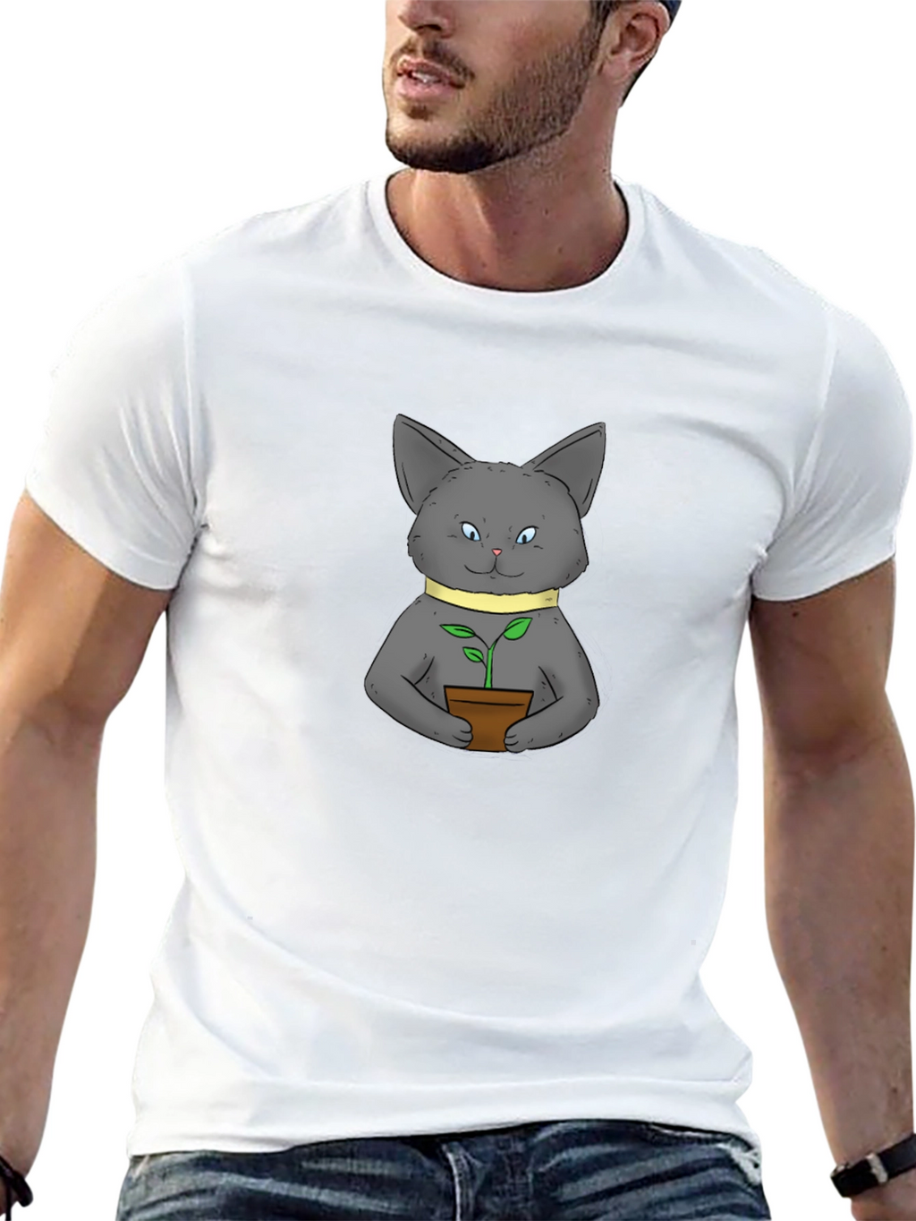 Cute Cat with Plant Black T-Shirt