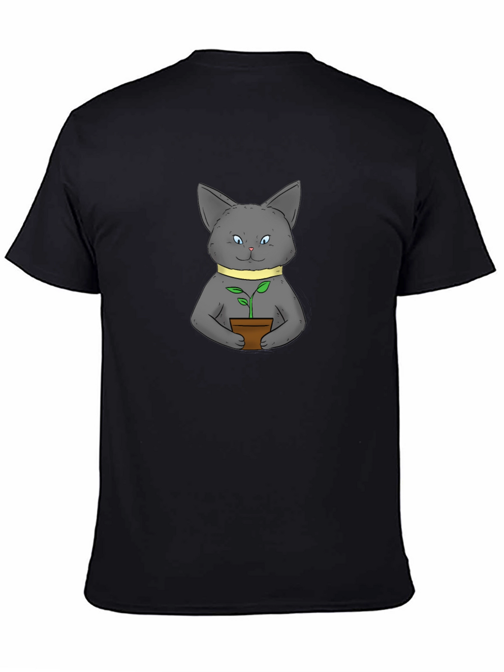 Cute Cat with Plant Black T-Shirt