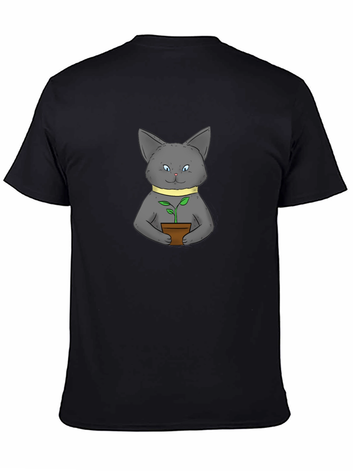 Cute Cat with Plant Black T-Shirt