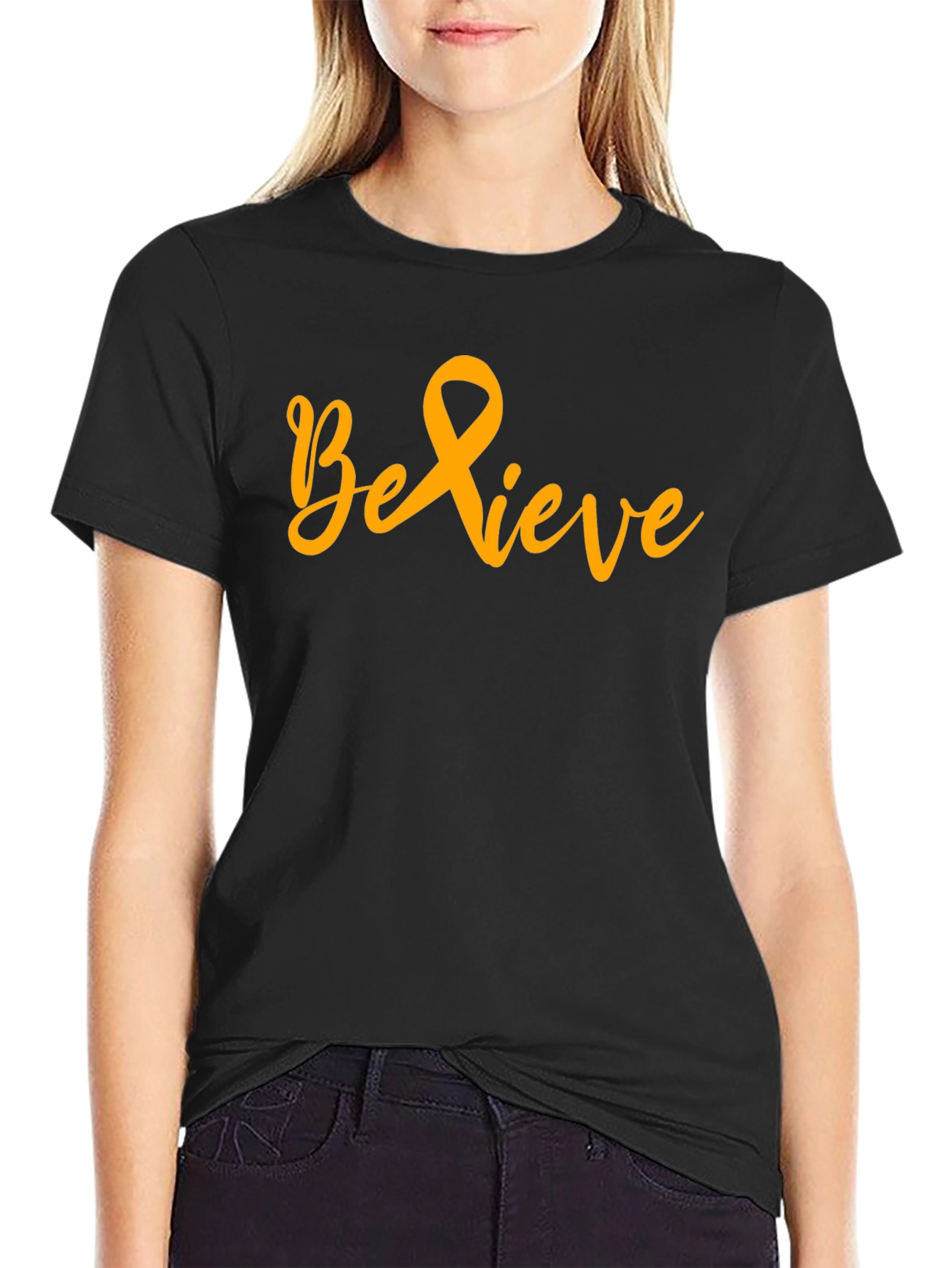 Believe Gold Ribbon Black T-Shirt
