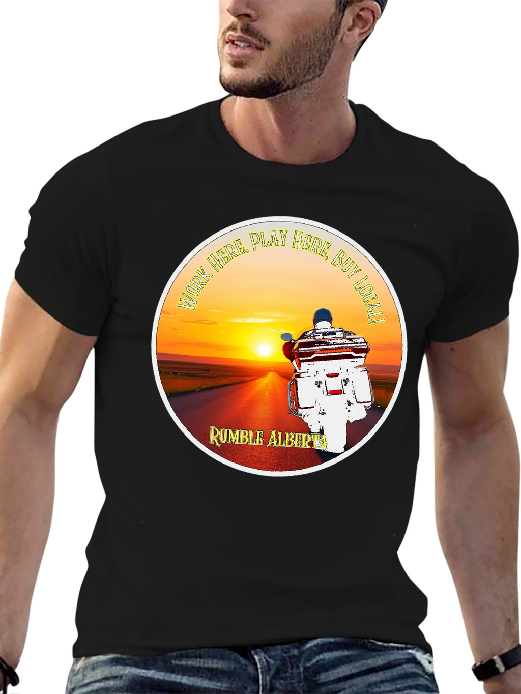 Rumble Alberta T-Shirt Motorcycle Sunset Design