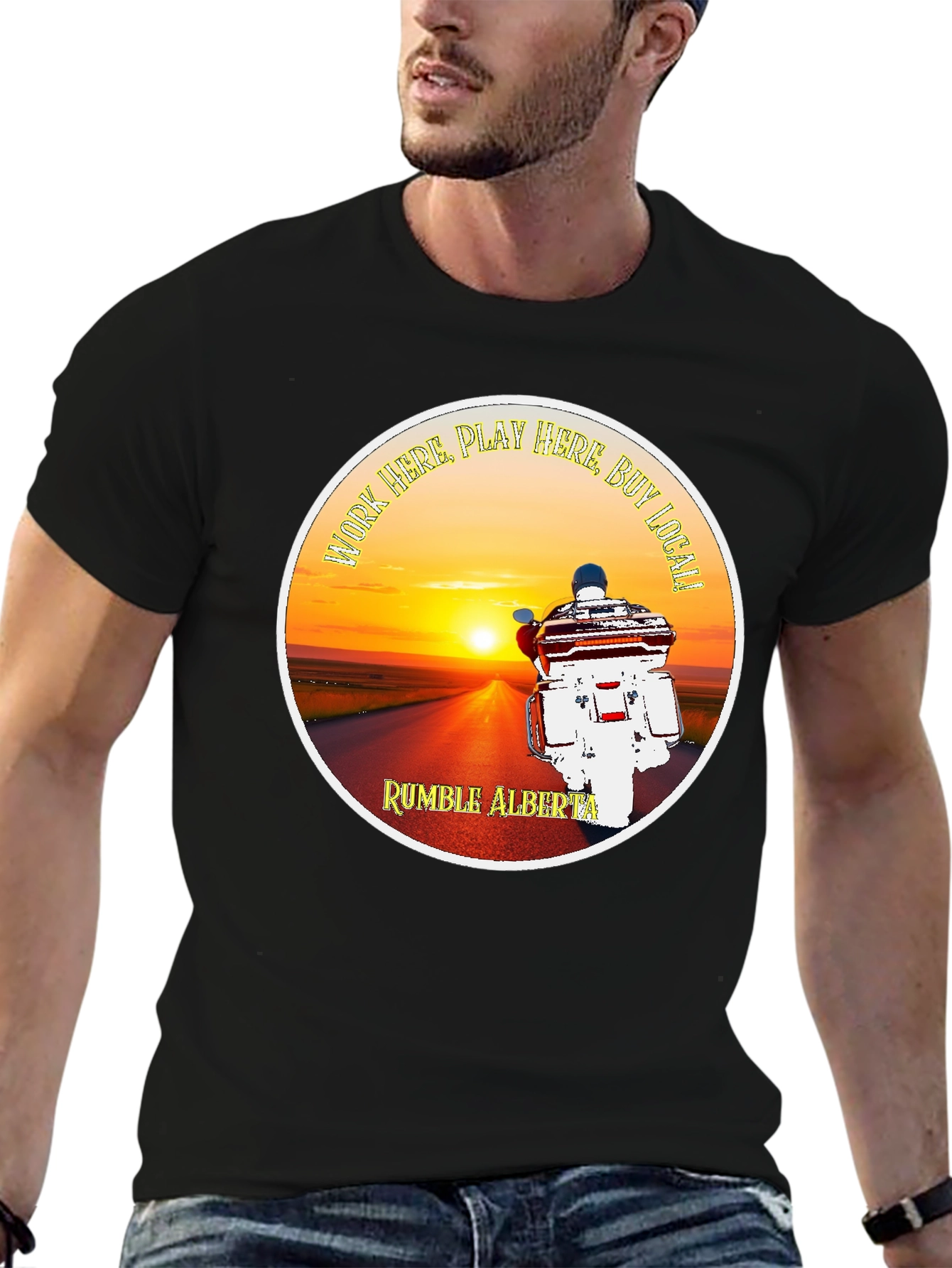 Rumble Alberta T-Shirt Motorcycle Sunset Design