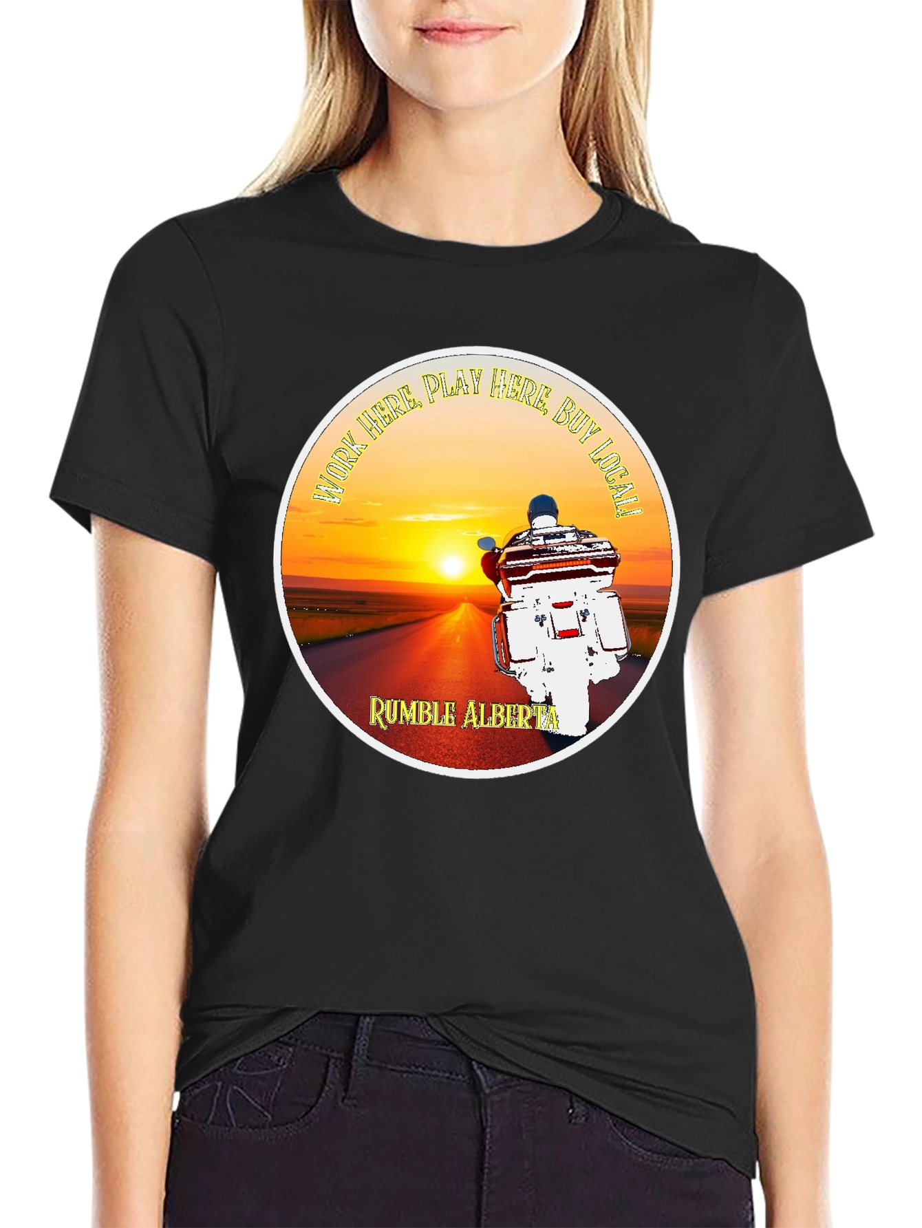 Rumble Alberta T-Shirt Motorcycle Sunset Design