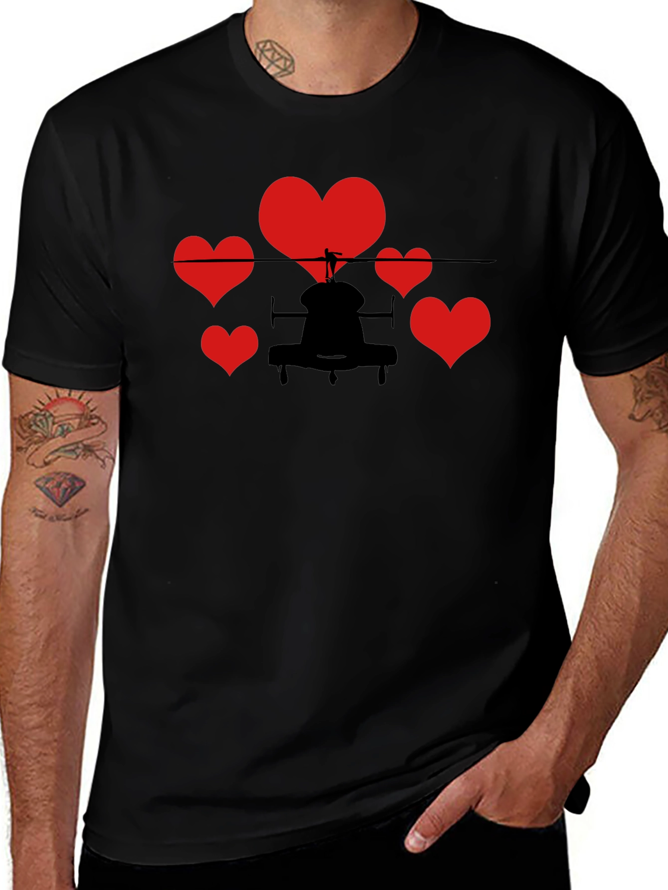 Helicopter Hearts Graphic T-Shirt - Black Cotton Tee