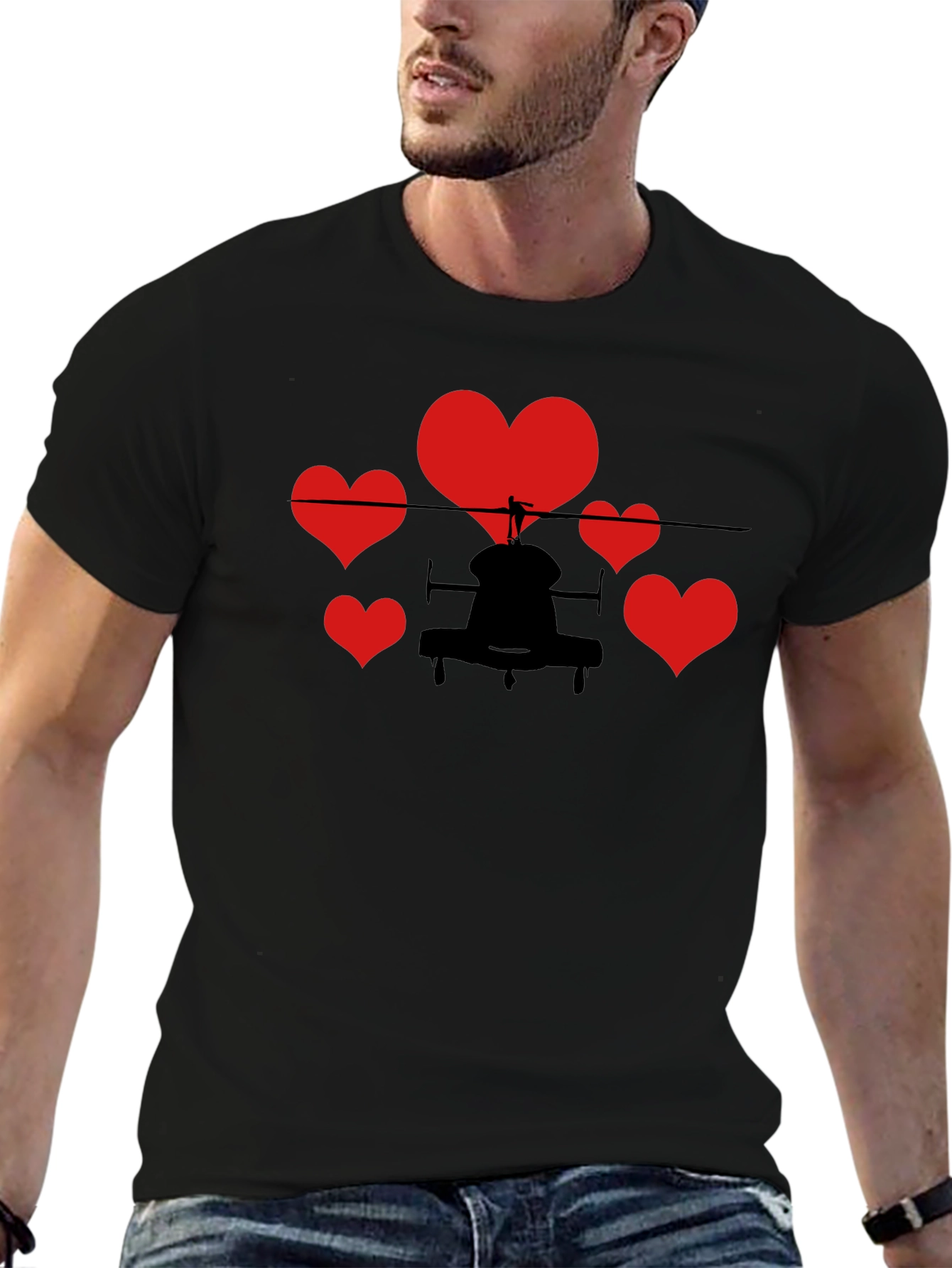 Helicopter Hearts Graphic T-Shirt - Black Cotton Tee