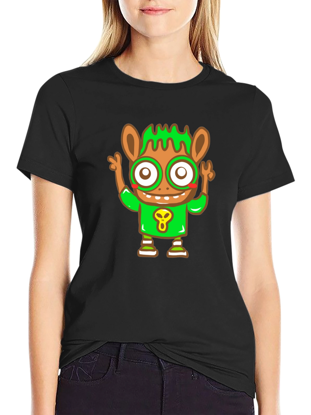 Cartoon Character Graphic Tee - Black Cotton Blend